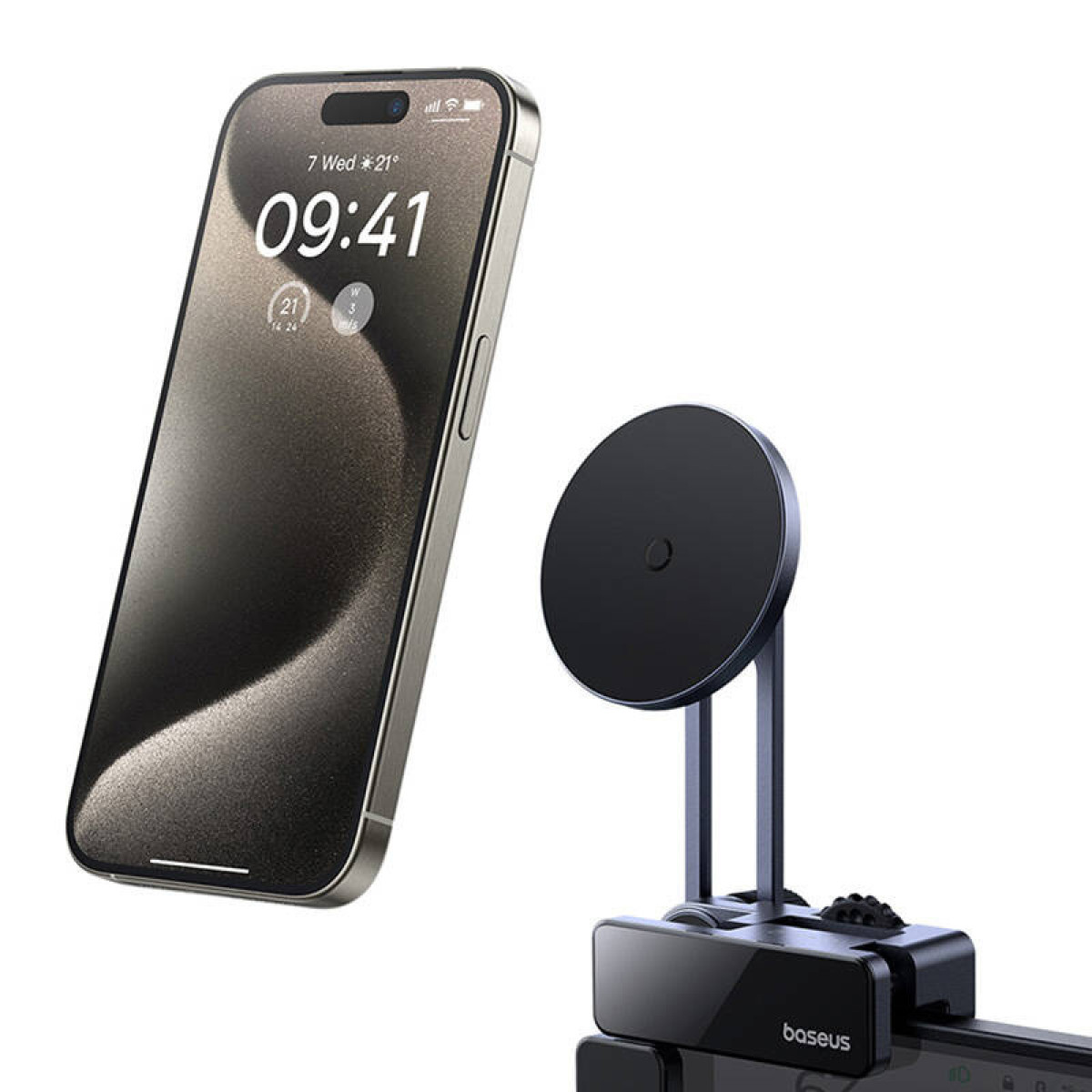 Smartfon zamontowany na desce rozdzielczej samochodu z magnetycznym uchwytem. Telefon wyświetla godzinę.