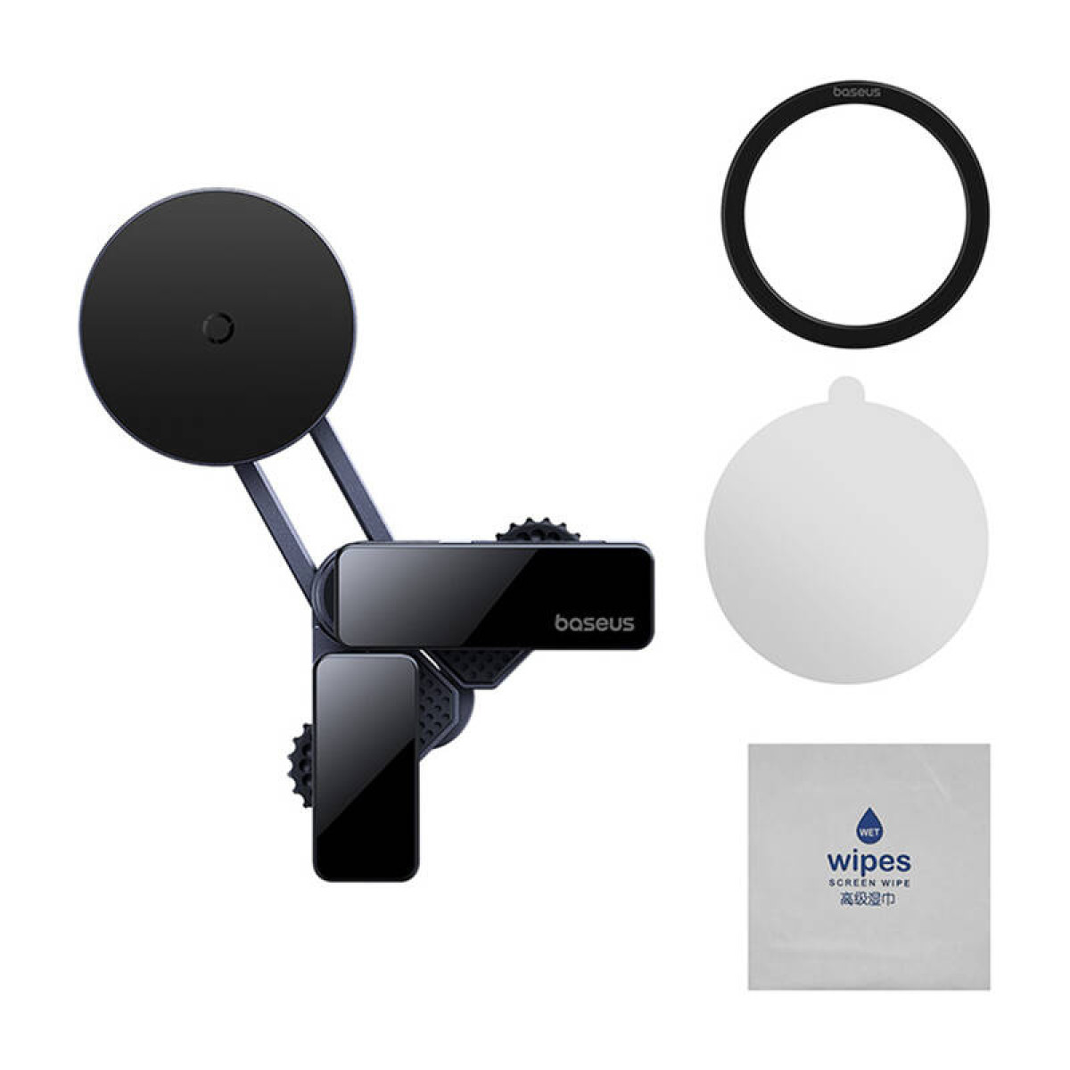 Uchwyt samochodowy Baseus z wieloma elementami: czarny uchwyt, biały okrągły dysk, chusteczka.