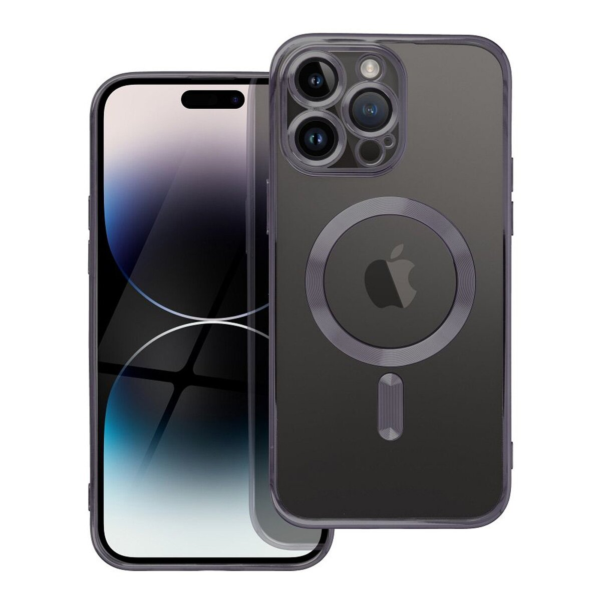 iPhone in klarer Hülle, mit Ladering. Sichtbare Kameralinsen. Hülle ist transparent.