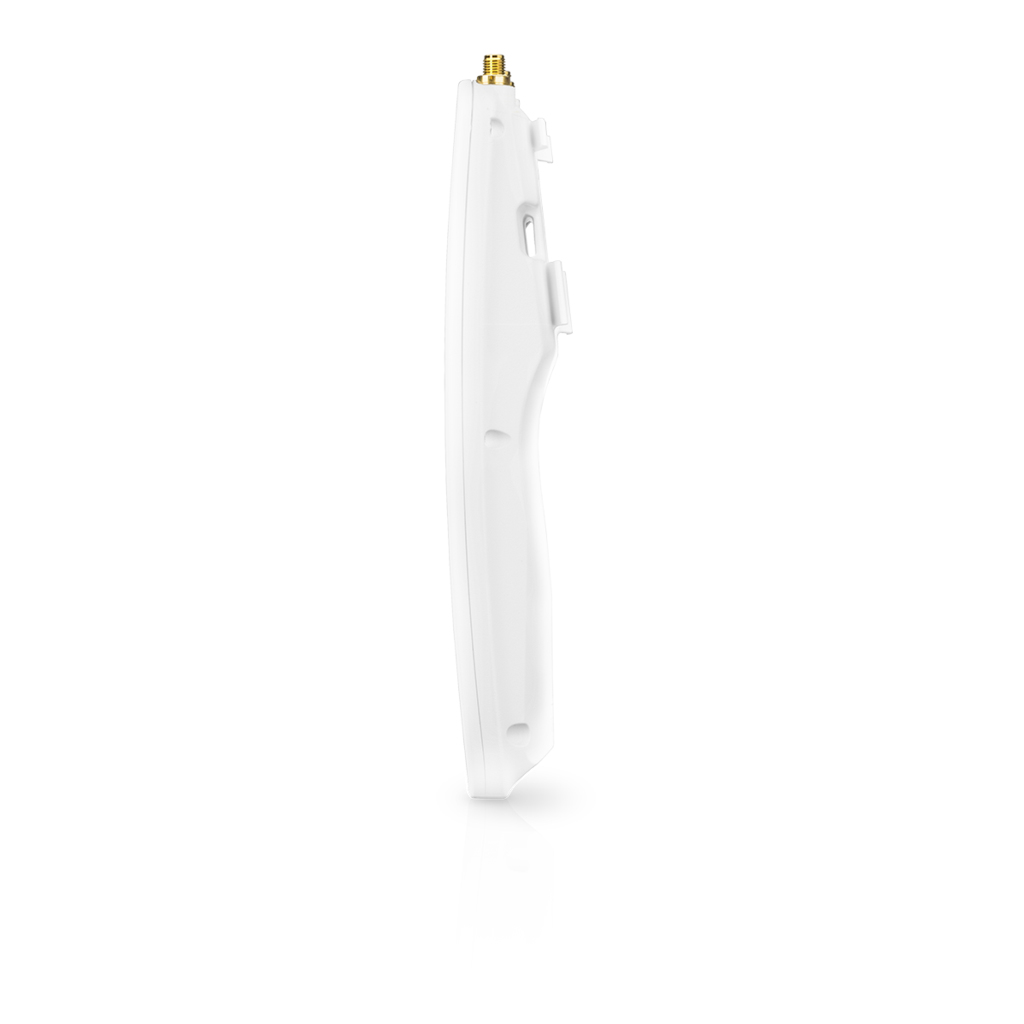 Dispositivo blanco y alargado, probablemente una antena, sobre fondo blanco. Tiene forma curva y punta dorada.
