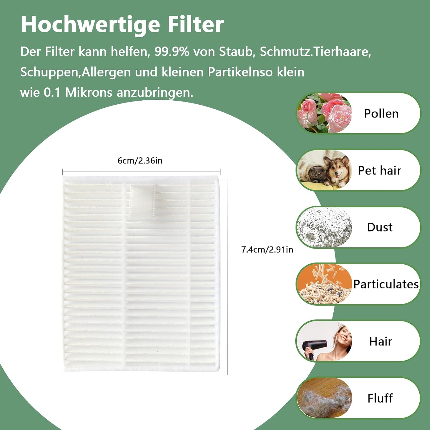 Filtr ze pokazanymi wymiarami. Tekst o usuwaniu kurzu, pyłków, sierści zwierząt itp. Różne powiązane obrazy.