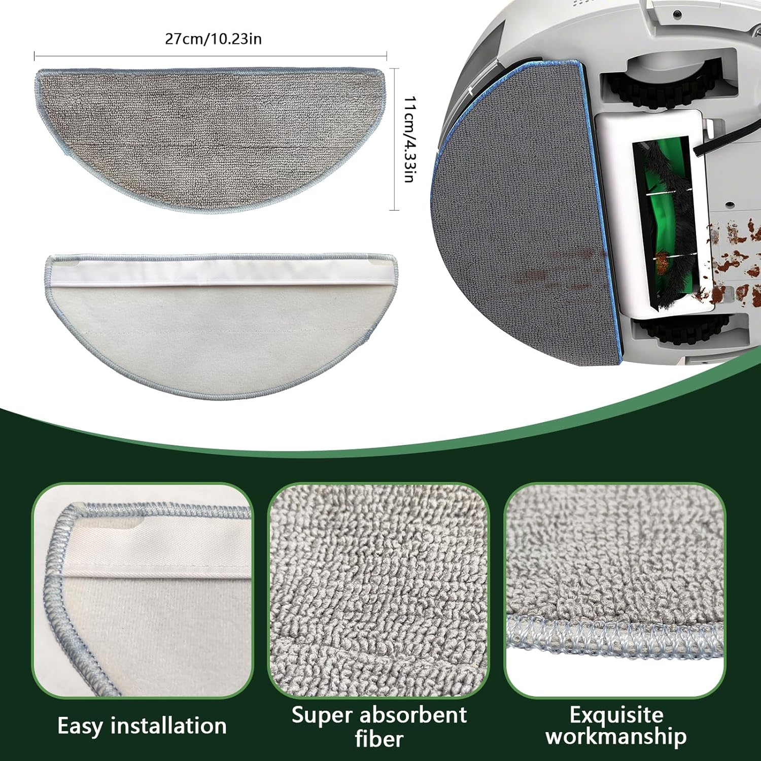 Nakładki do mopa dla robota sprzątającego. Zawiera szczegóły dotyczące wymiarów i materiału.