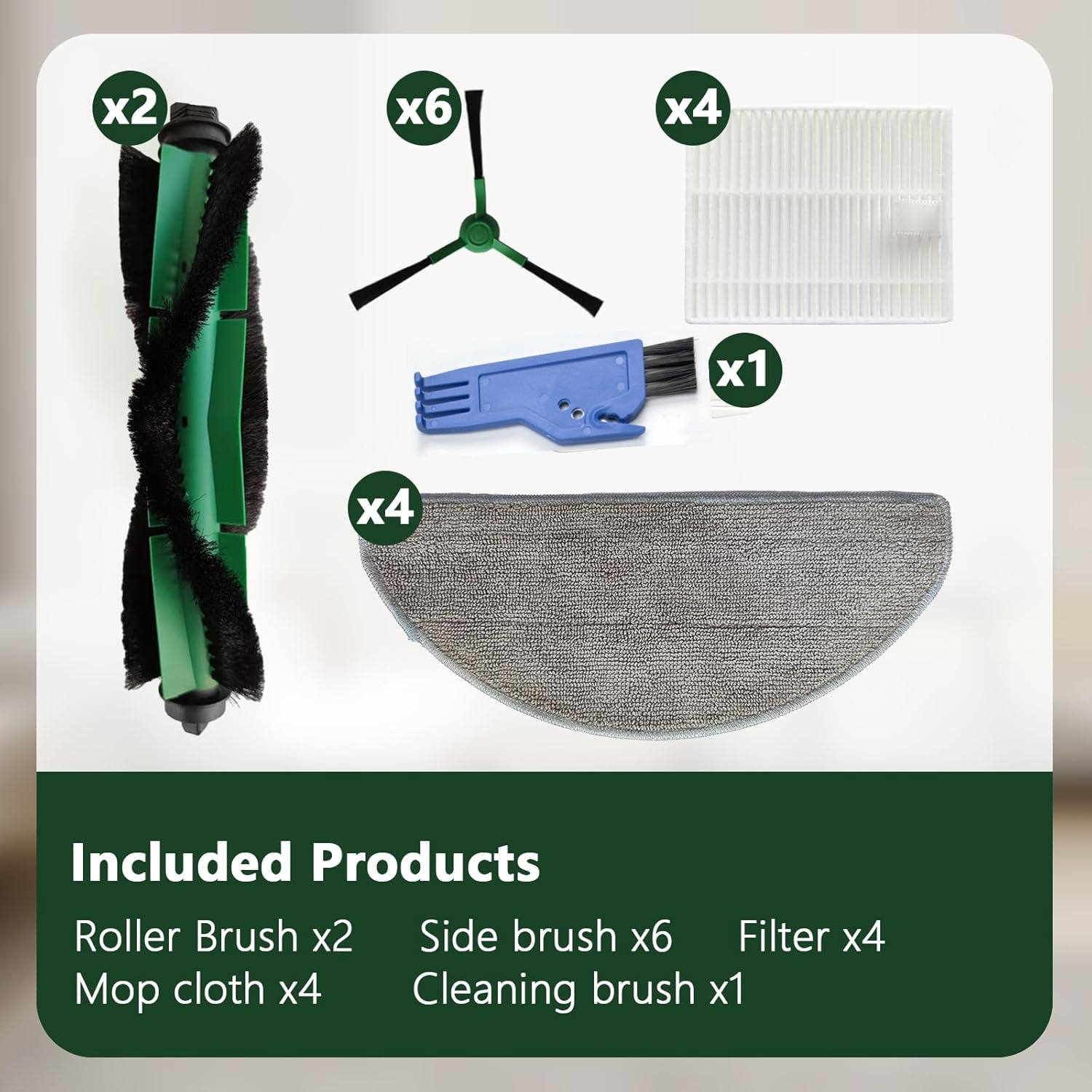 Różne akcesoria do czyszczenia, w tym szczotki, filtry i ściereczka do mopa, oznaczone x.