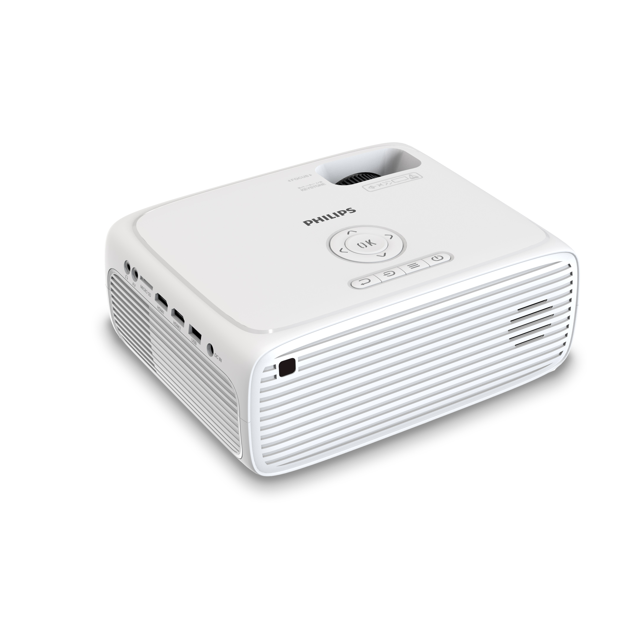 Biały projektor z logo Philips, pokazujący przód i górę, odizolowany na białym tle.