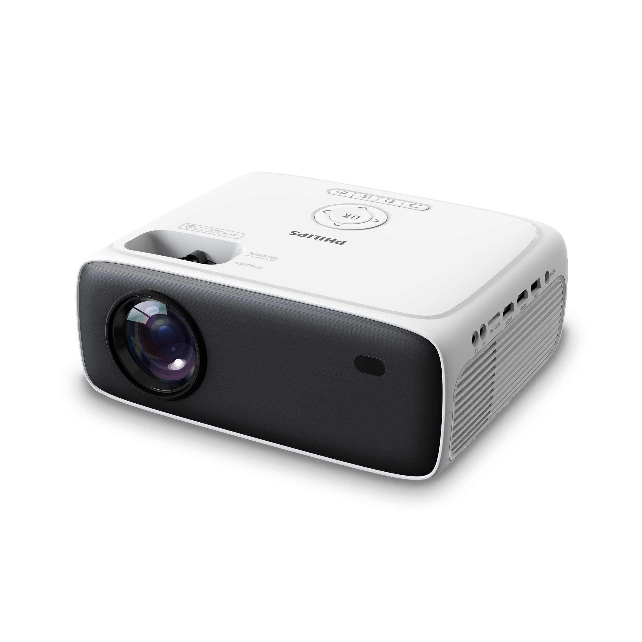 Biały projektor Philips z czarnym przodem i szarymi bokami.