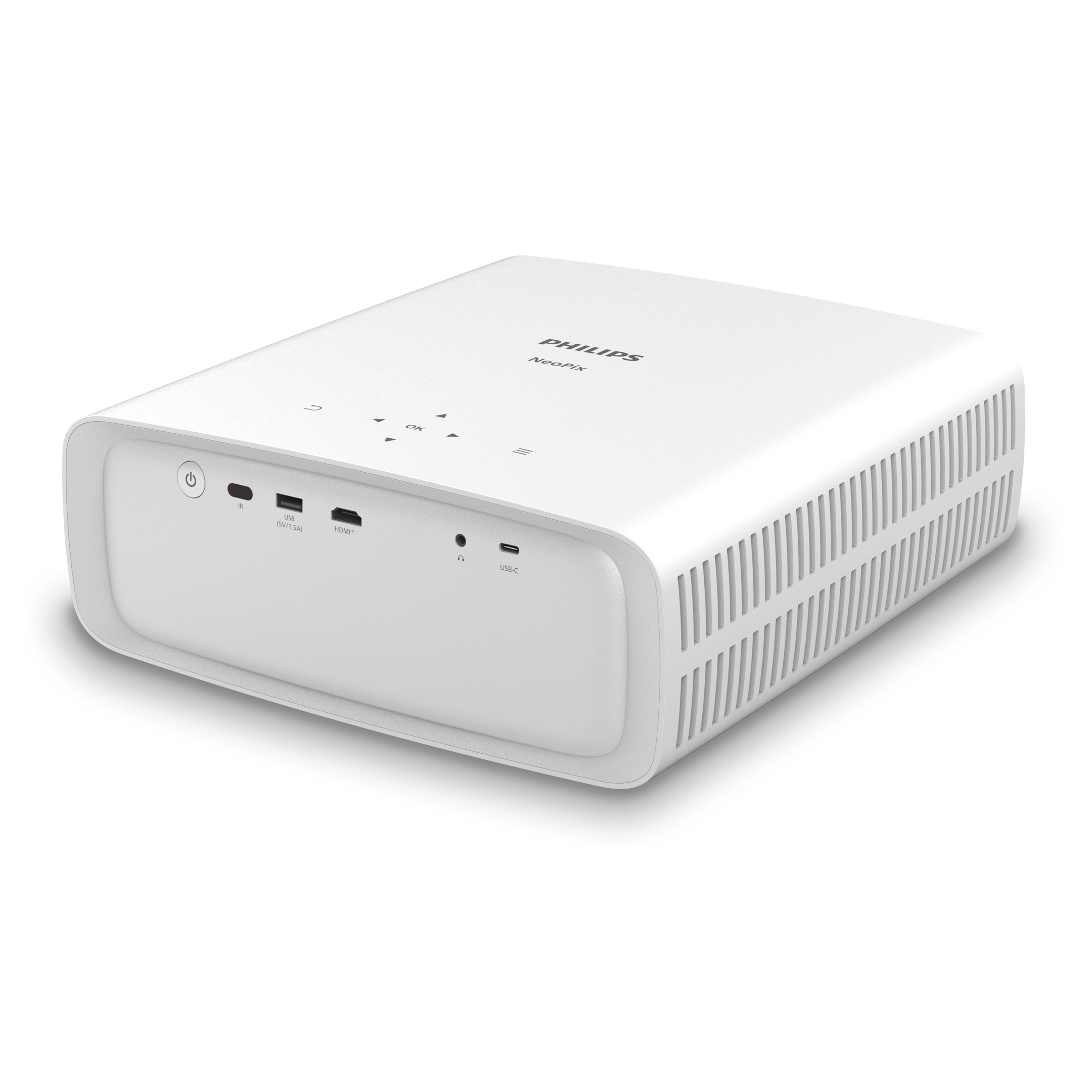Proyector Philips blanco con puertos de entrada en el lateral.