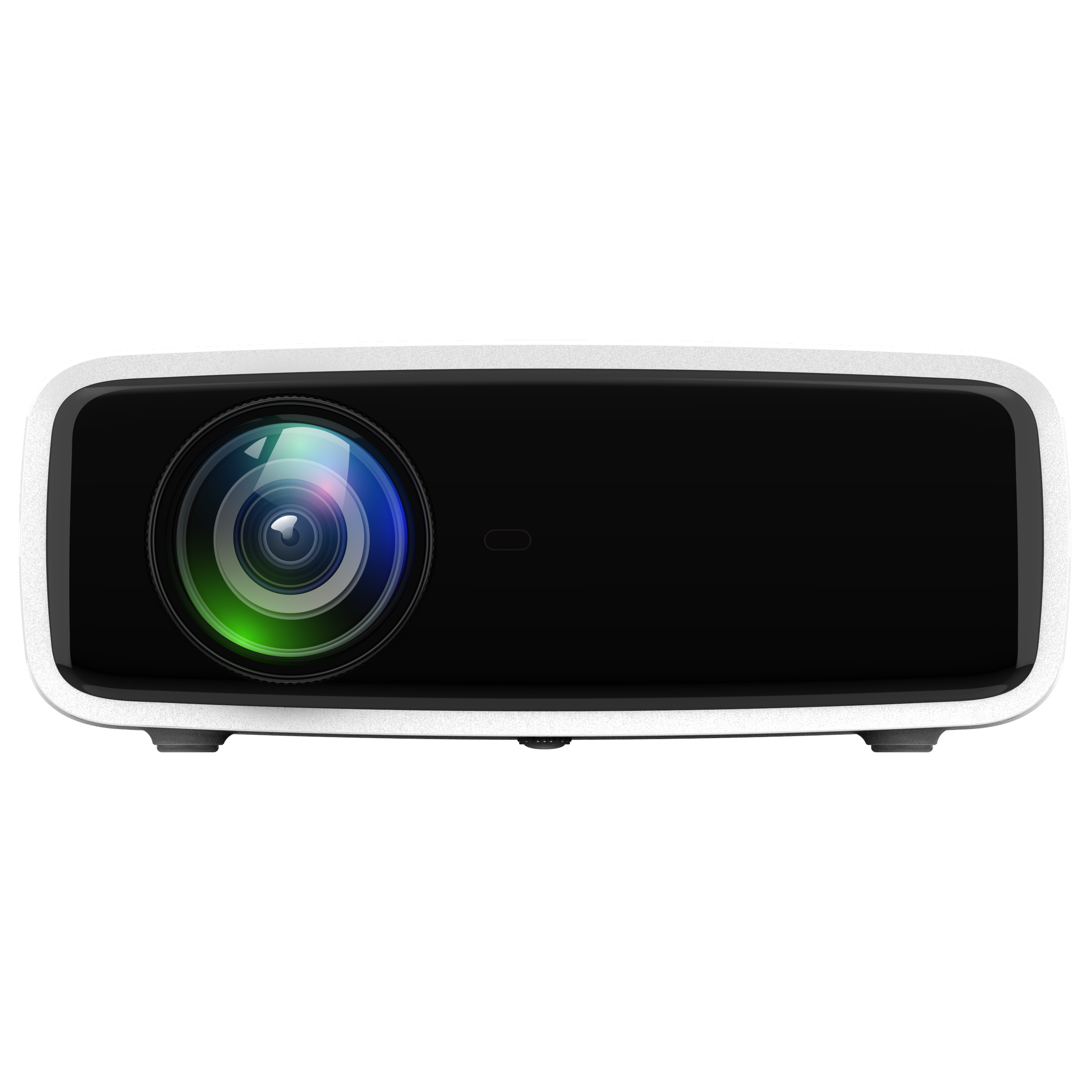 Proyector blanco con lente negra y marco plateado. La lente tiene reflejos verdes y azules.