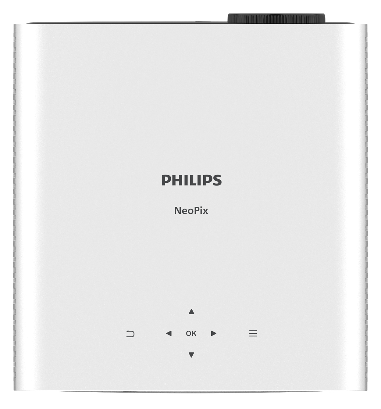 Proyector Philips NeoPix blanco. El nombre está al frente, con botones de control abajo.