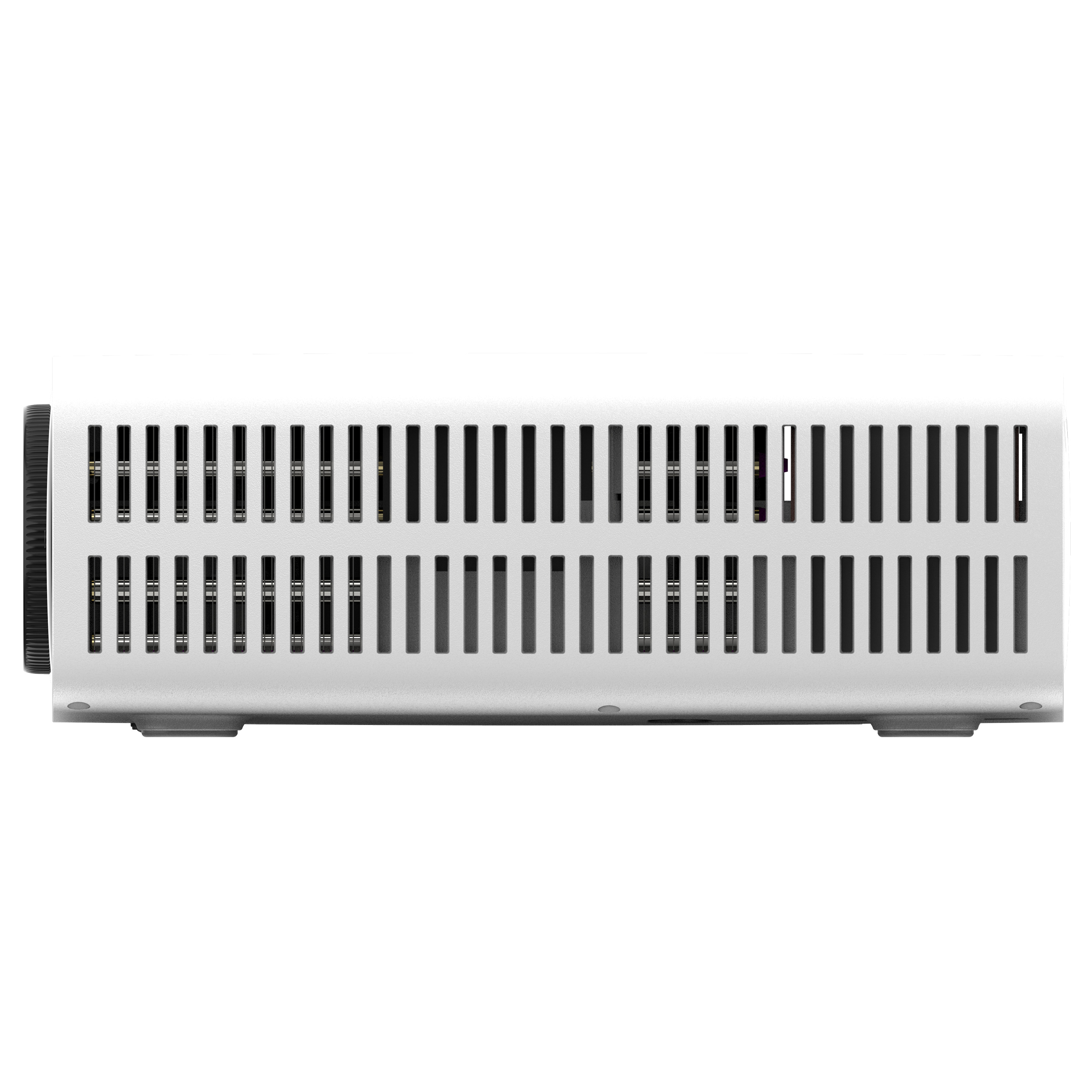 Proyector blanco con ventilaciones, una lente negra y un panel de control negro en el lateral.