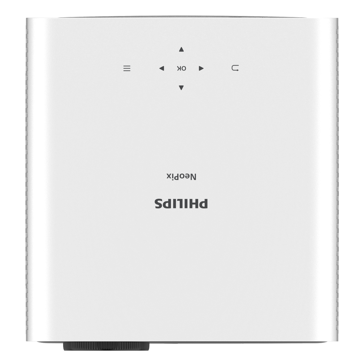 Un proyector blanco con botones arriba. Se ve la marca PHILIPS.