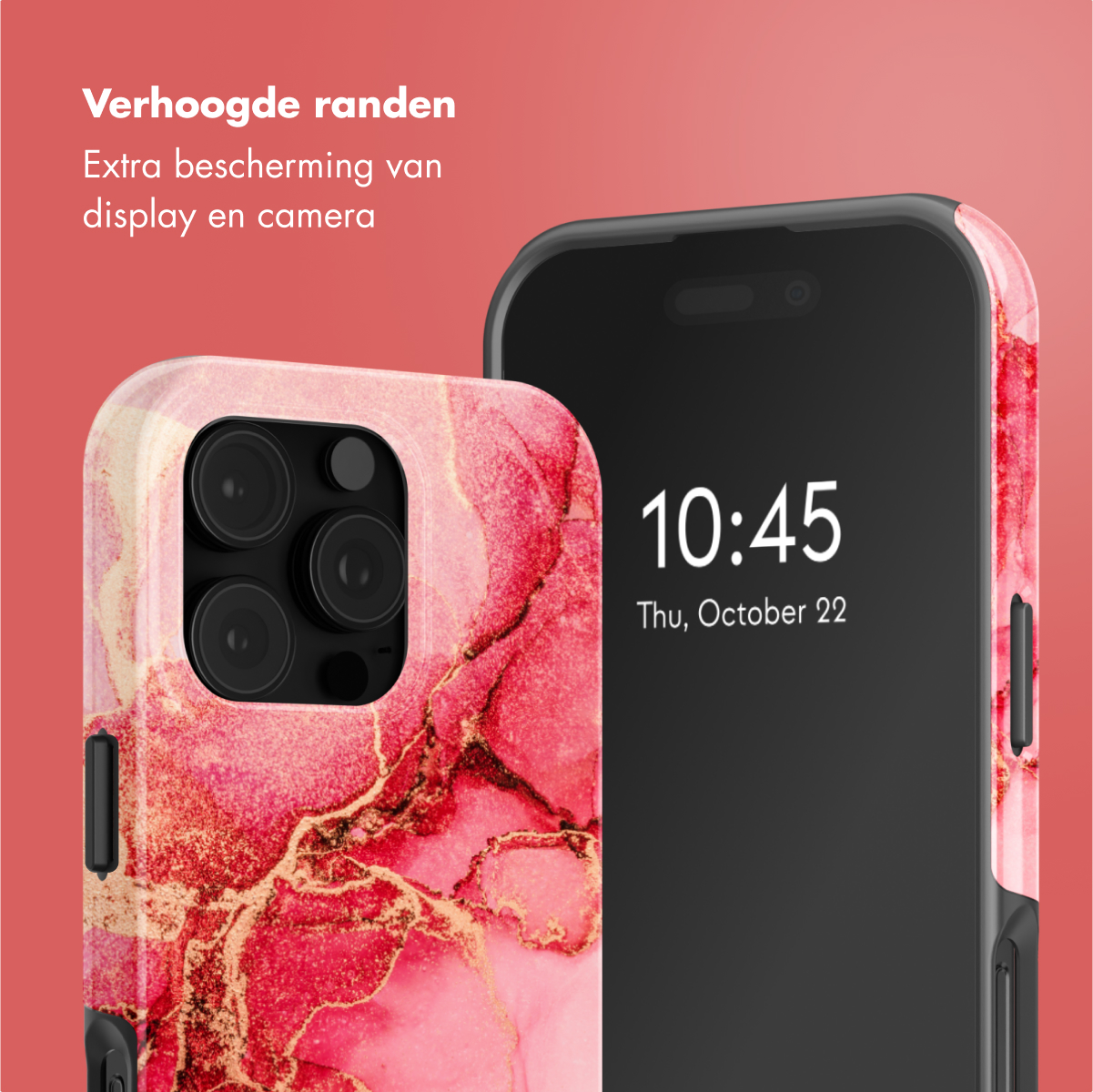 Een telefoonhoesje met een roze en gouden marmerontwerp dat een telefoon toont met de tijd 10:45.