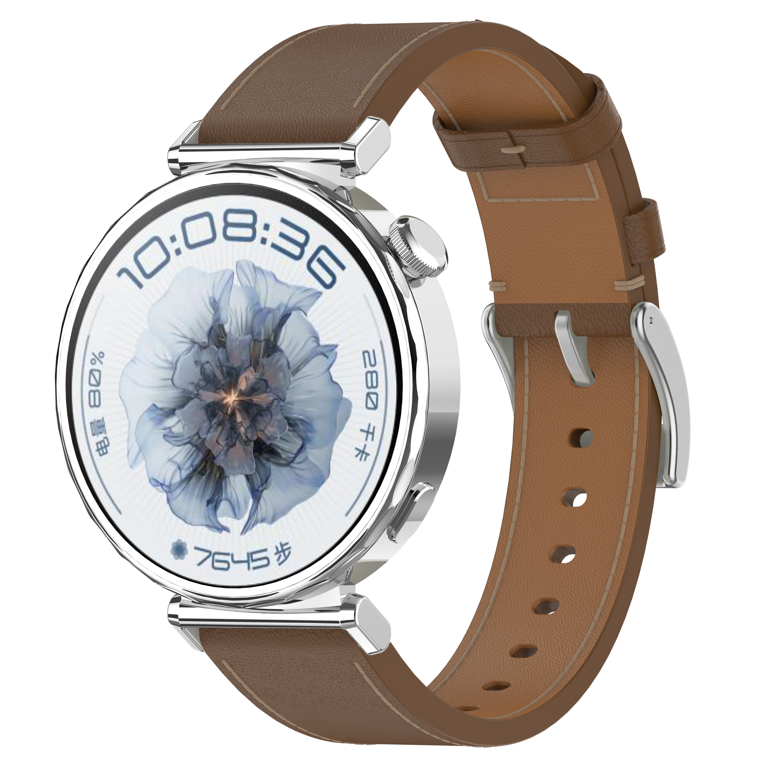 Silberne Smartwatch mit braunem Lederarmband. Zeigt Zeit, Akku und Schritte auf dem Bildschirm.