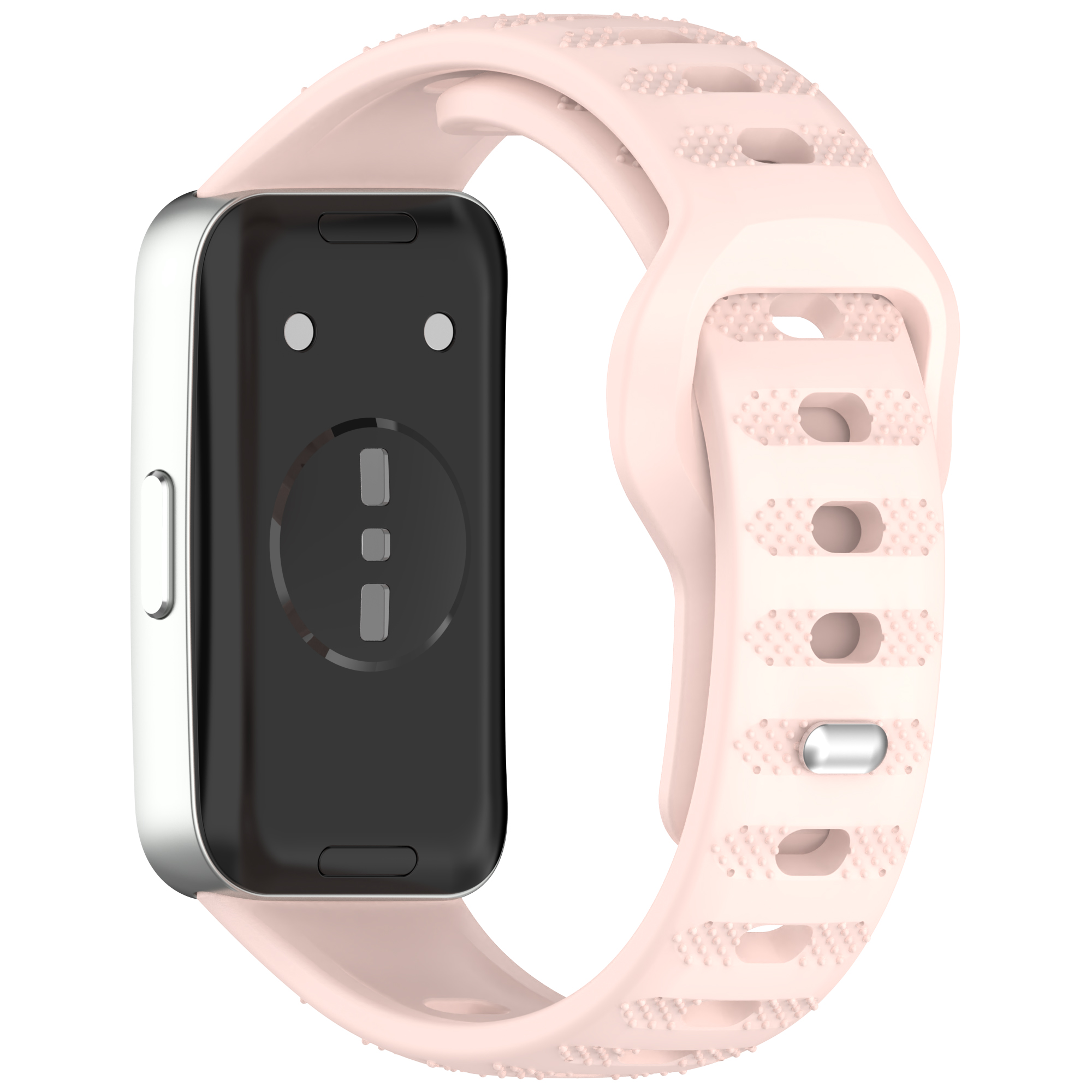 Eine rosa Smartwatch mit passendem Armband, die ihr Display zeigt.