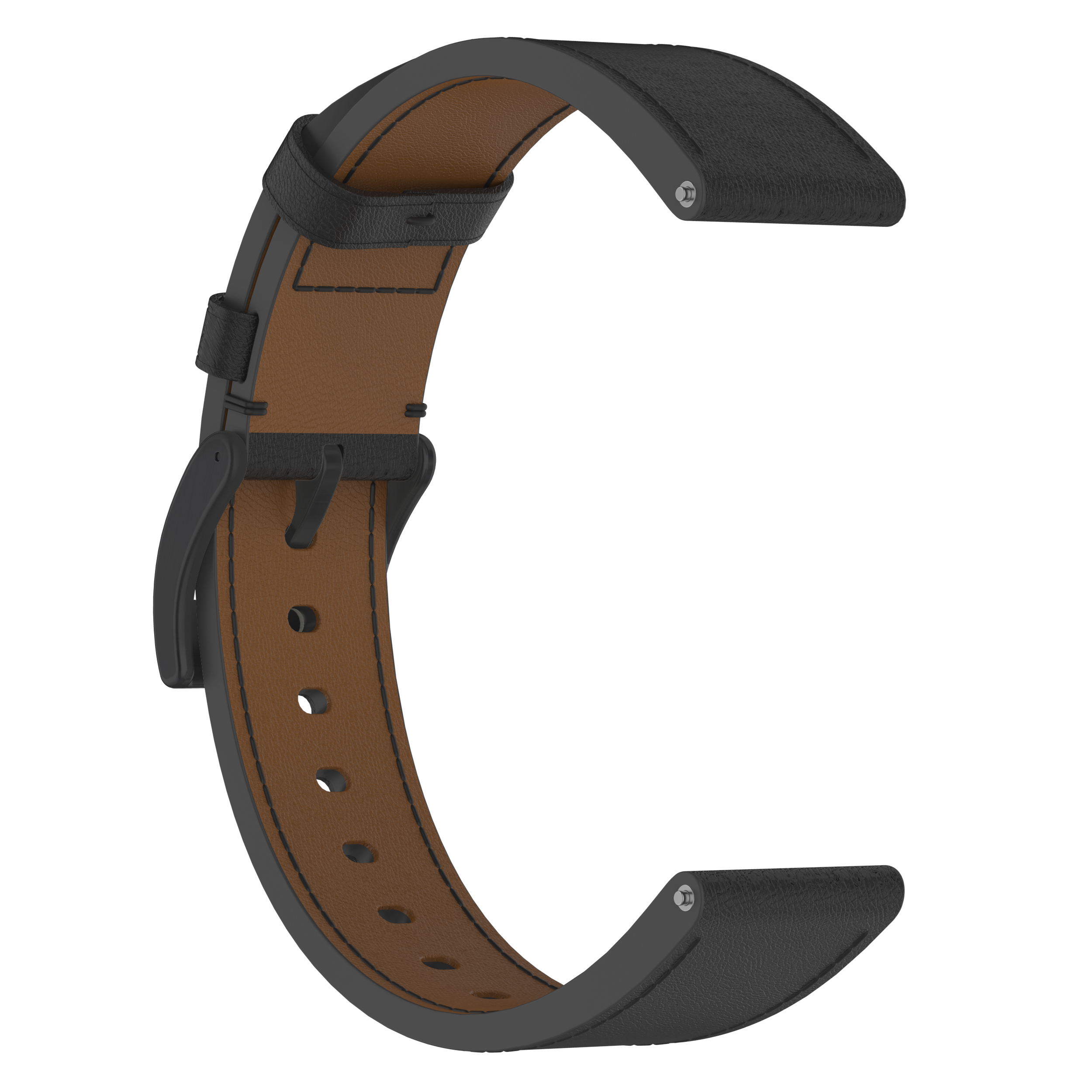Cinturino in pelle nera con interno marrone e chiusura nera.