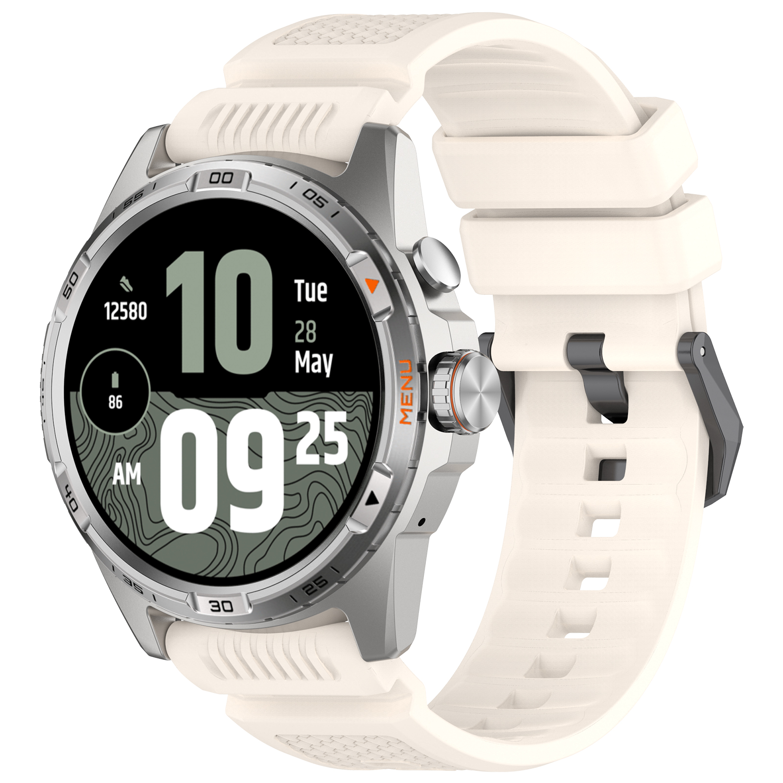 Weiße Smartwatch mit rundem Display, das Datum und Uhrzeit anzeigt, und weißem Armband, auf weißem Hintergrund.