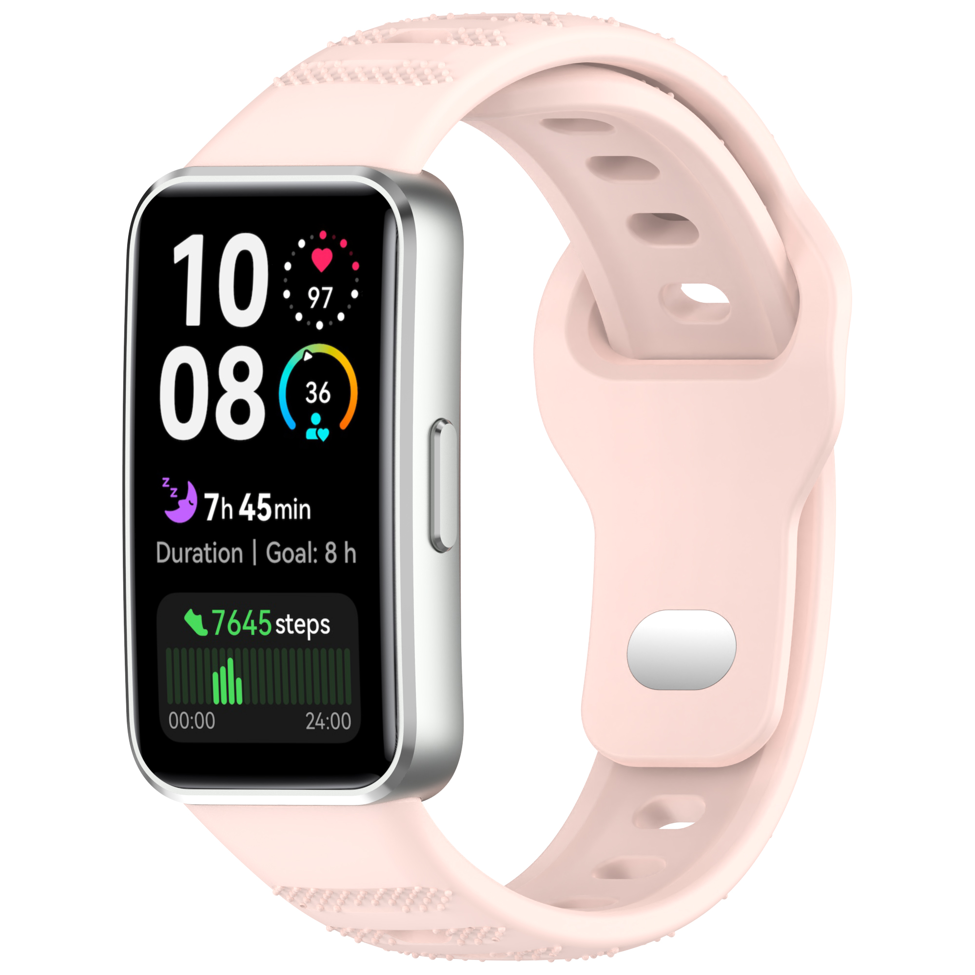 Smartwatch mit rosa Armband, zeigt Zeit und Aktivitätsdaten. Bildschirm zeigt Schritte, Herzfrequenz und Zeit.