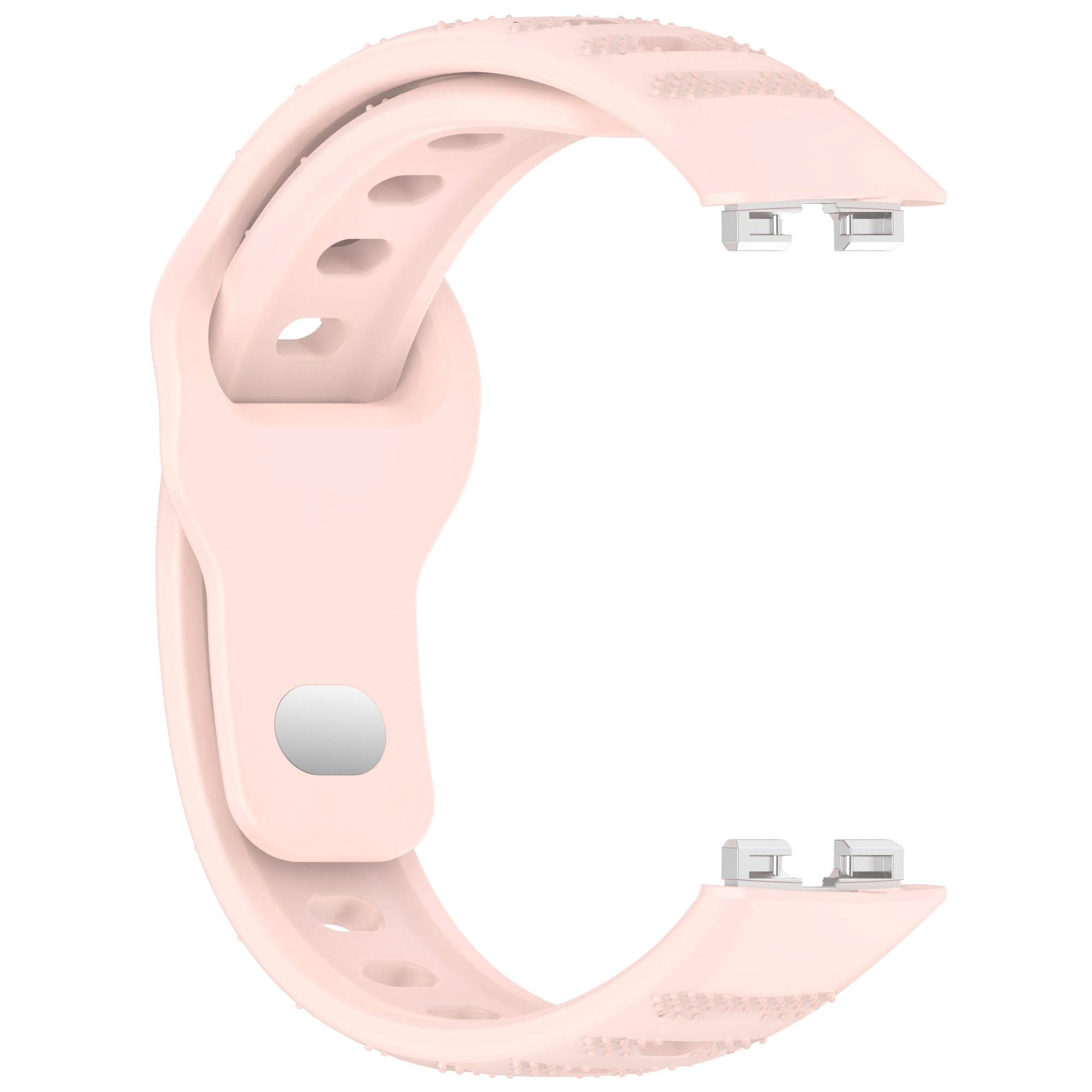 Rosa Smartwatch-Armband mit zwei silbernen Anschlüssen. Hat kleine Löcher und Textur.