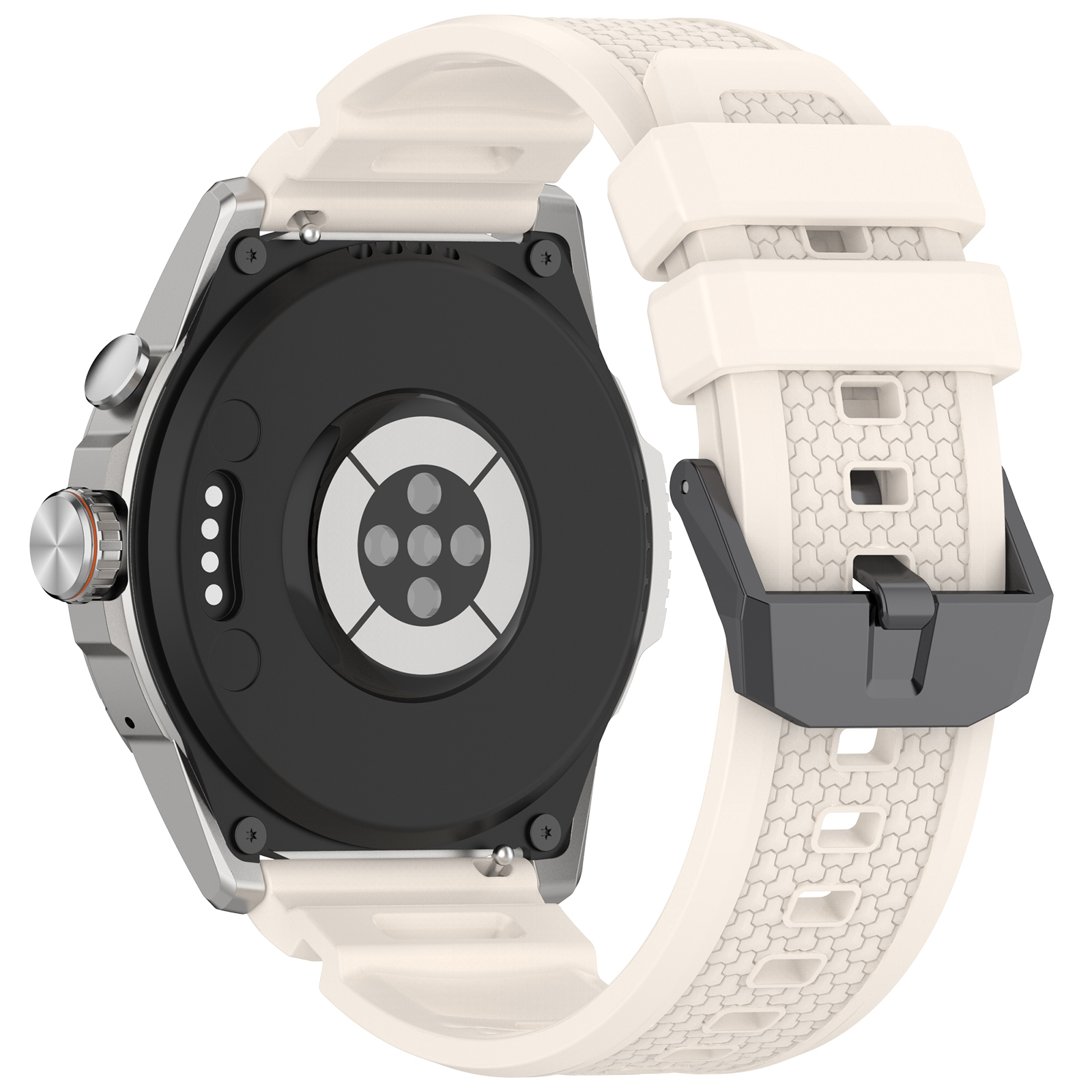 Rückseite einer weißen Smartwatch mit Sensoren und Ladepunkten, weißes Armband, auf weißem Hintergrund.
