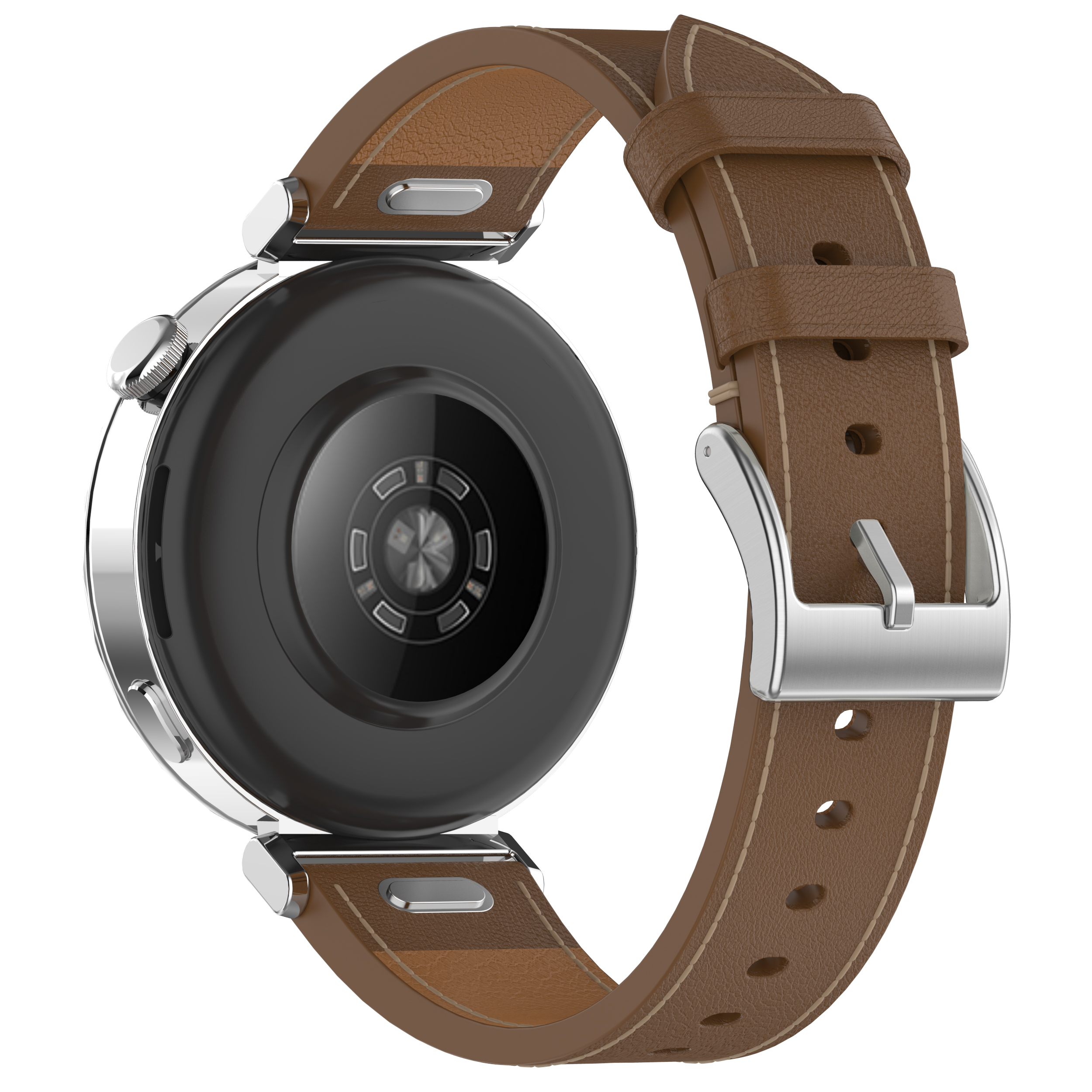 Smartwatch, braunes Lederarmband. Silberne Lünette. Schwarzer Bildschirm. Weißer Hintergrund.