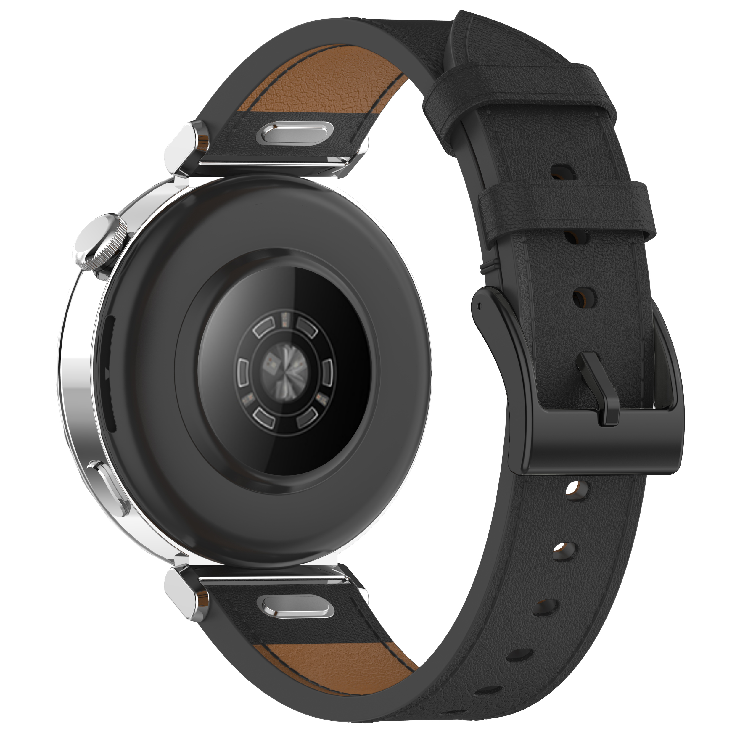 Smartwatch, vista posteriore, cinturino in pelle nera, lunetta argentata e un sensore di frequenza cardiaca.