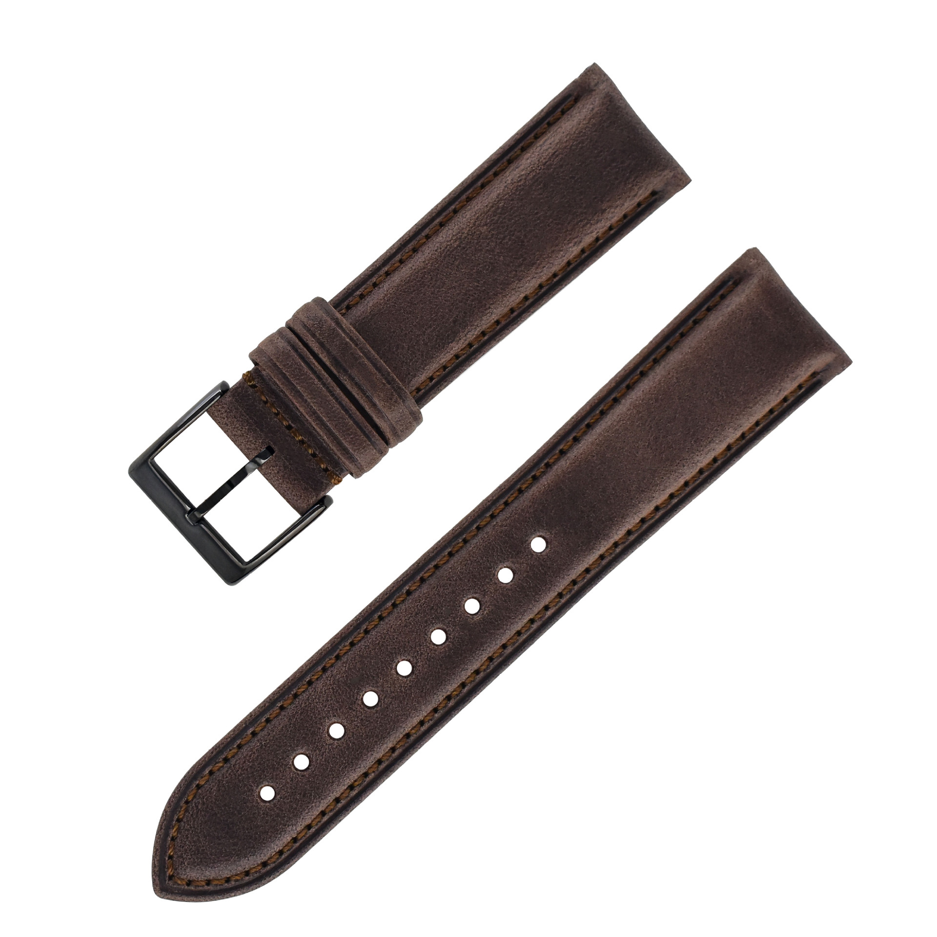 Braune Leder-Uhrenarmbänder. Ein Armband hat eine schwarze Schnalle, das andere Löcher.