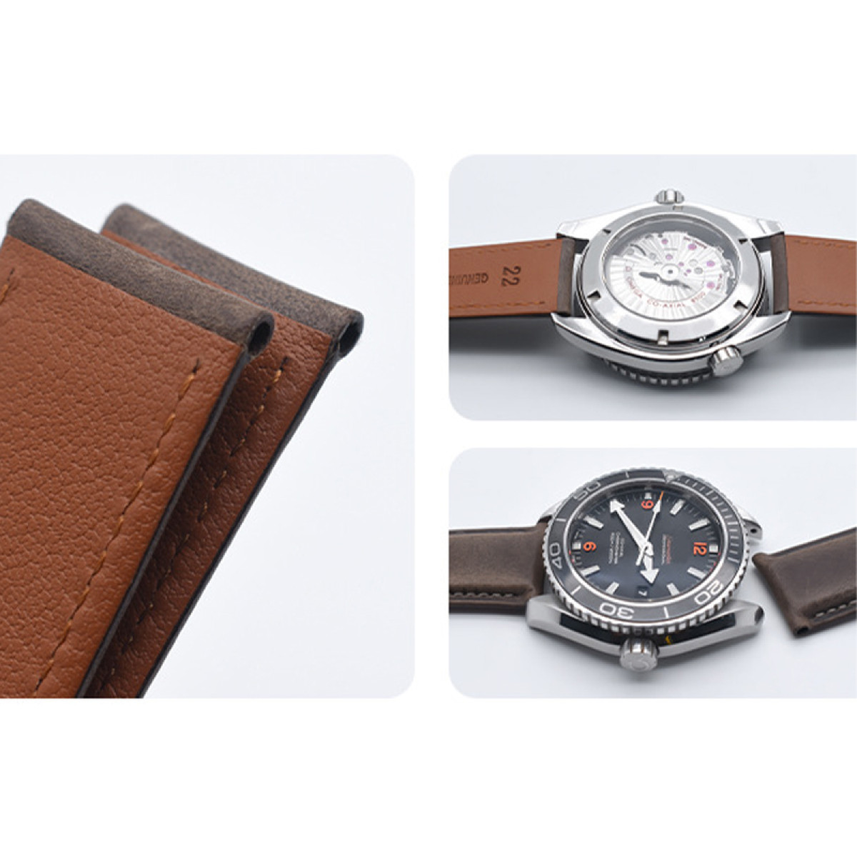 Uhr mit braunem Armband; Nahaufnahme des Leders. Zwei Uhren auf braunen Armbändern. Eine silberne Uhr.
