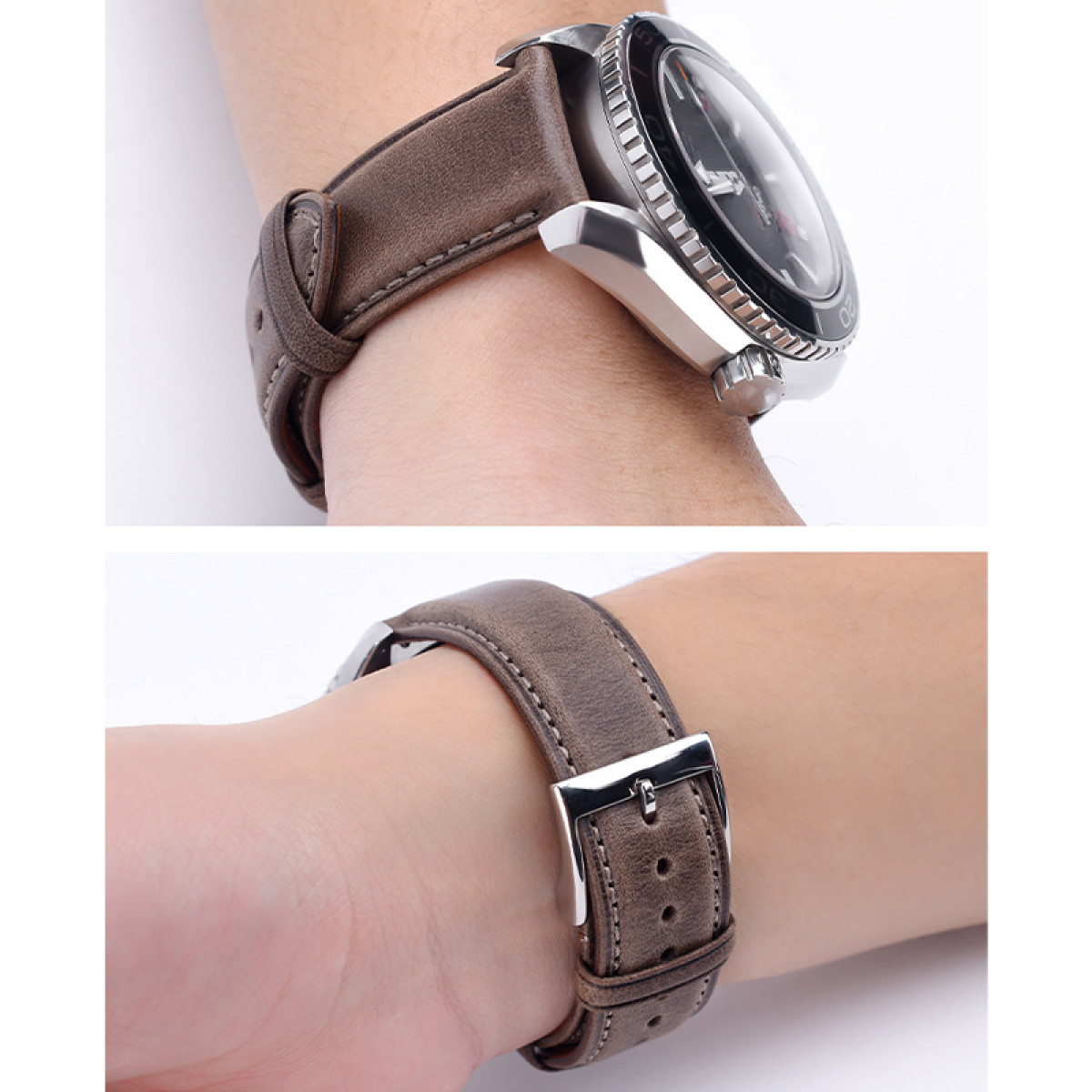 Handgelenk mit Uhr. Braunes Lederband, silbernes Uhrengehäuse, schwarzes Zifferblatt. Nahaufnahme.