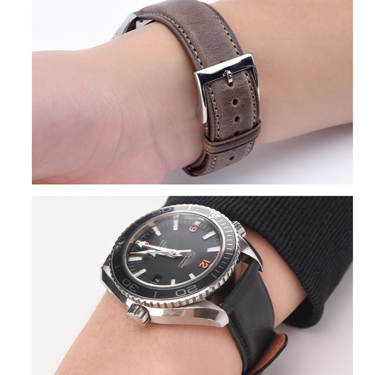 Das Handgelenk einer Person mit einer Uhr, die ein braunes Lederarmband und ein schwarzes Zifferblatt zeigt.