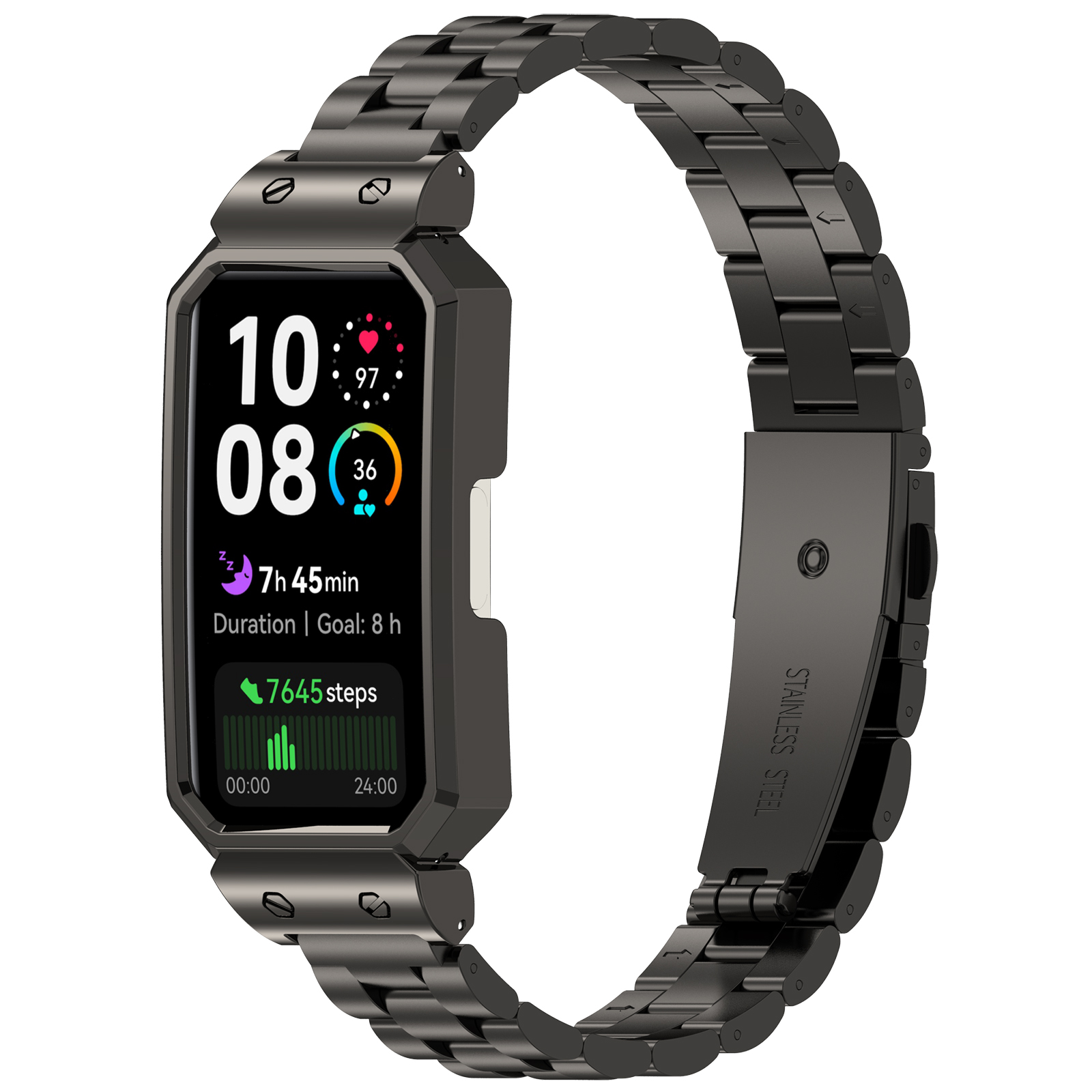 Schwarzes Smartband mit Display, das Statistiken anzeigt. Es hat ein schwarzes Edelstahlarmband.