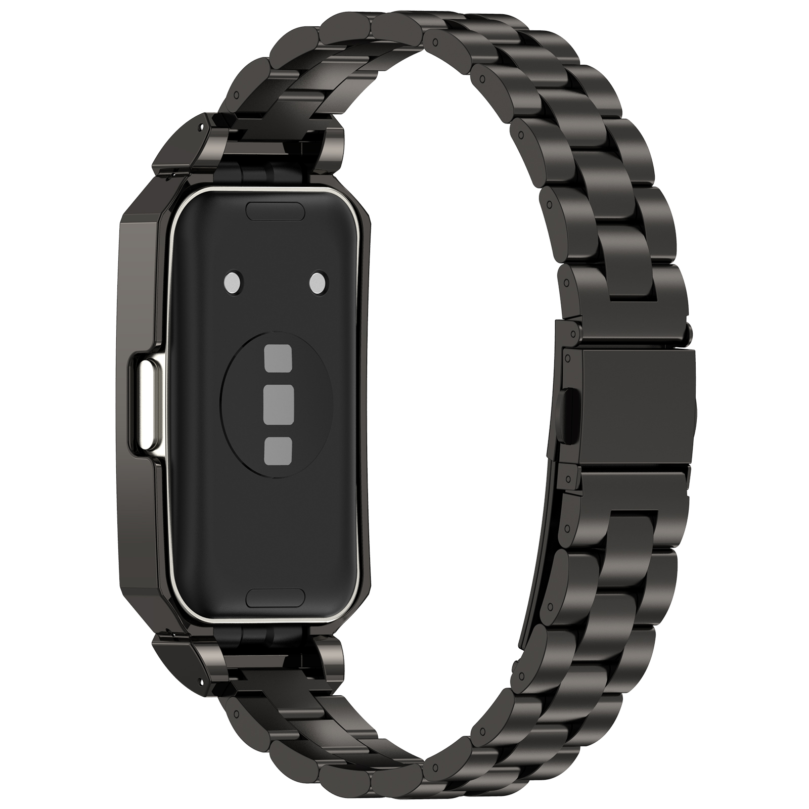 Schwarzes Smartwatch-Armband mit Metallverschluss. Das Armband besteht aus verbundenen, schwarzen Metallsegmenten.