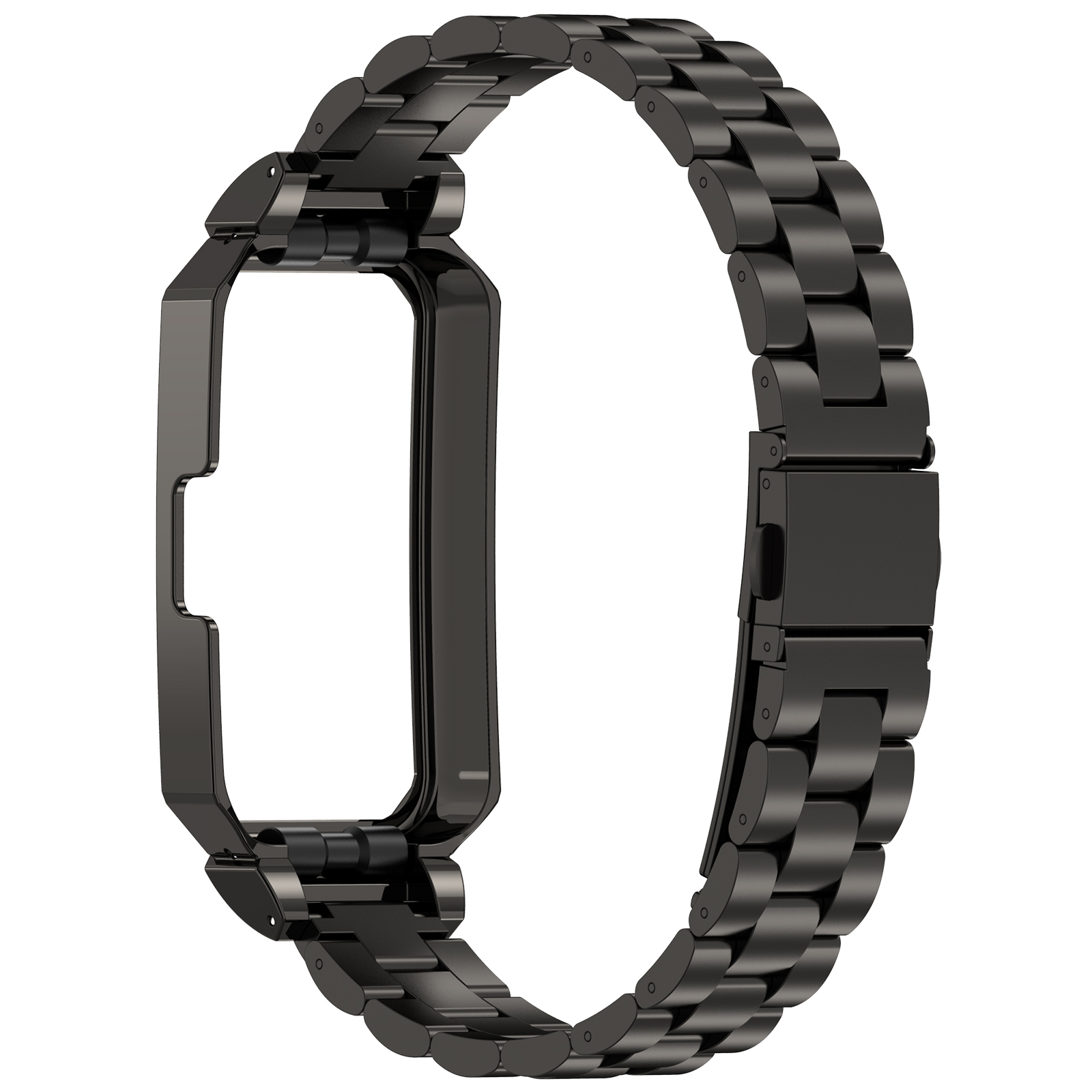 Schwarzes Uhrenarmband, Metallglieder und Verschluss. Isoliert auf weißem Hintergrund.