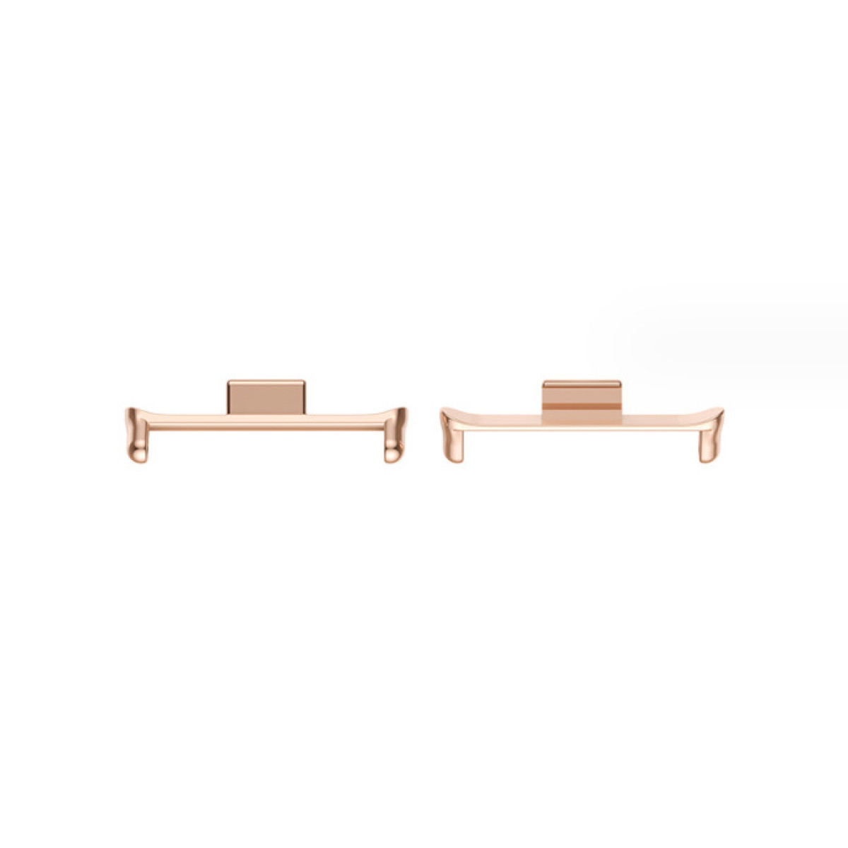 Zwei roségoldene Uhrenarmbandadapter auf Weiß. Jeder hat eine Stangenform.
