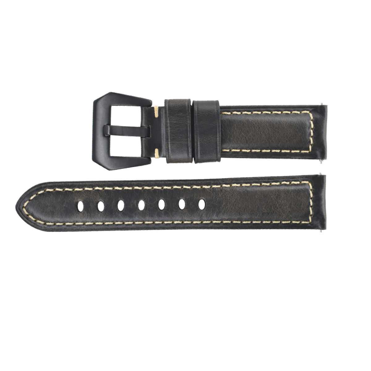 Schwarzes Uhrenarmband mit schwarzer Schnalle und Nähten. Isoliert auf weißem Hintergrund.