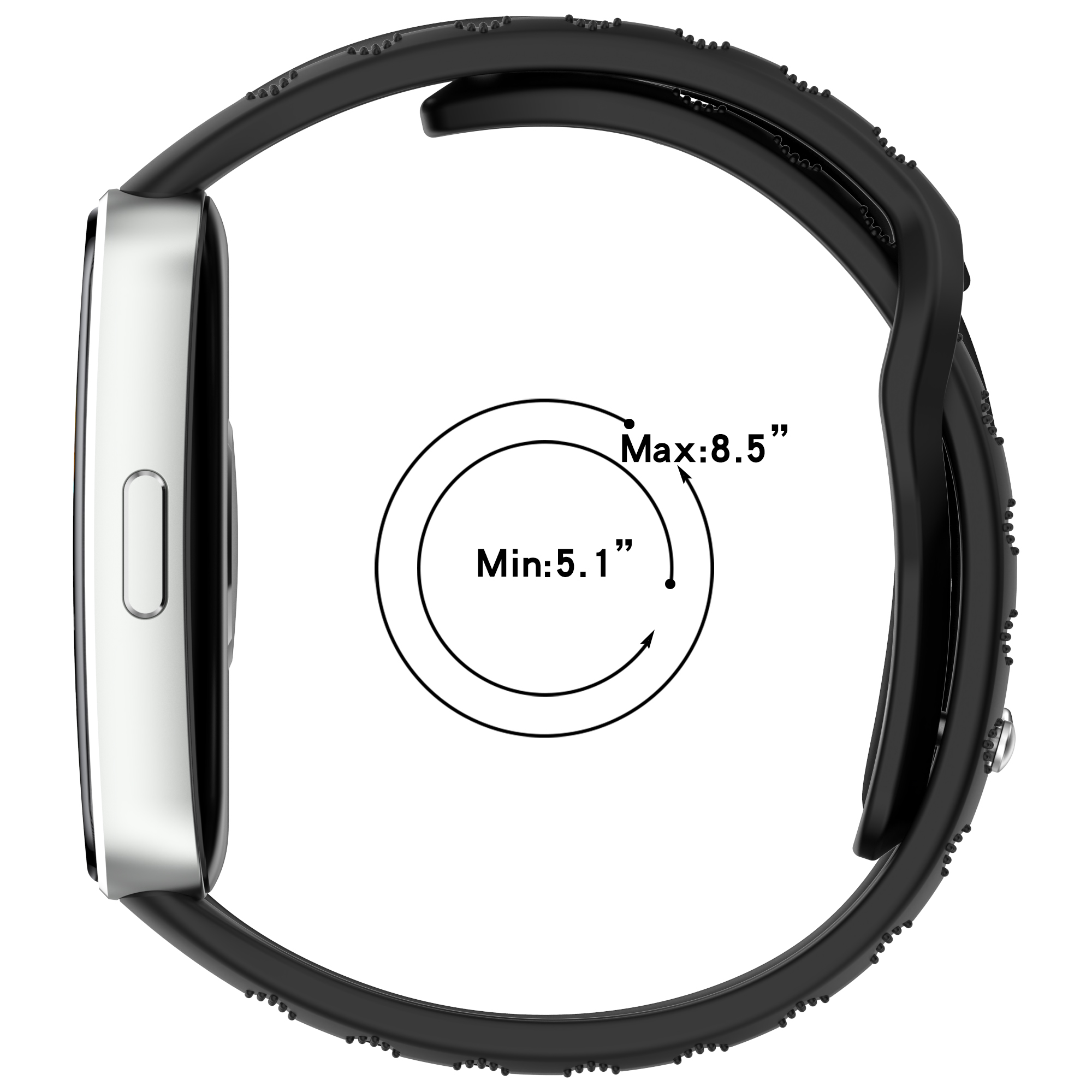 Eine Smartwatch mit schwarzem Armband. Die Uhr ist silberfarben mit schwarzem Bildschirm, der min. und max. anzeigt.