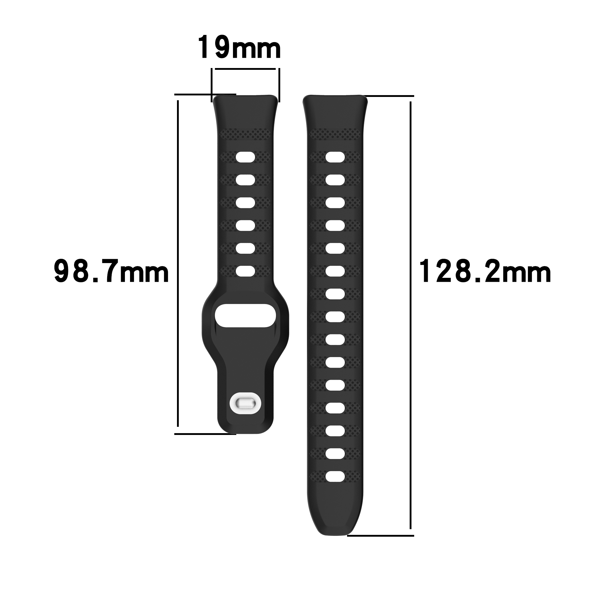 Zwei schwarze Smartwatch-Armbänder mit Maßen in mm.