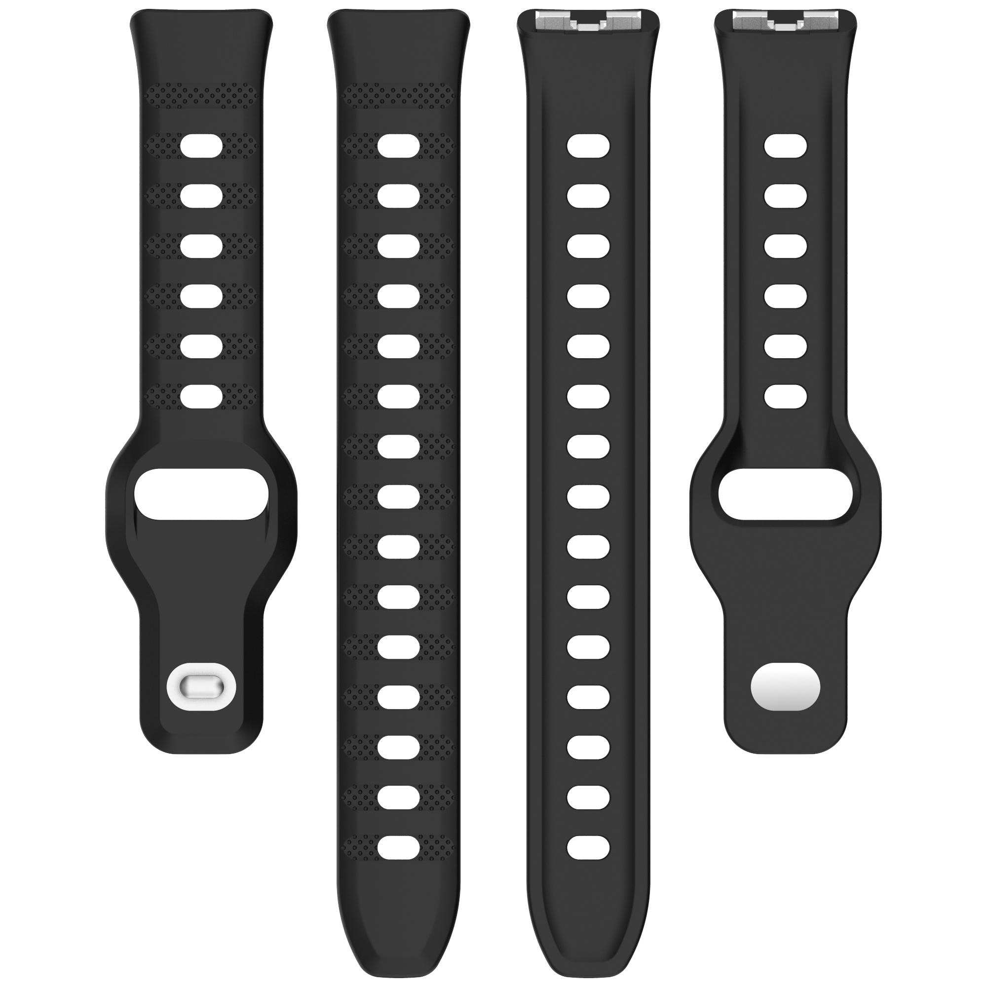Vier schwarze Uhrenarmbänder. Zwei mit Löchern, zwei mit Details.