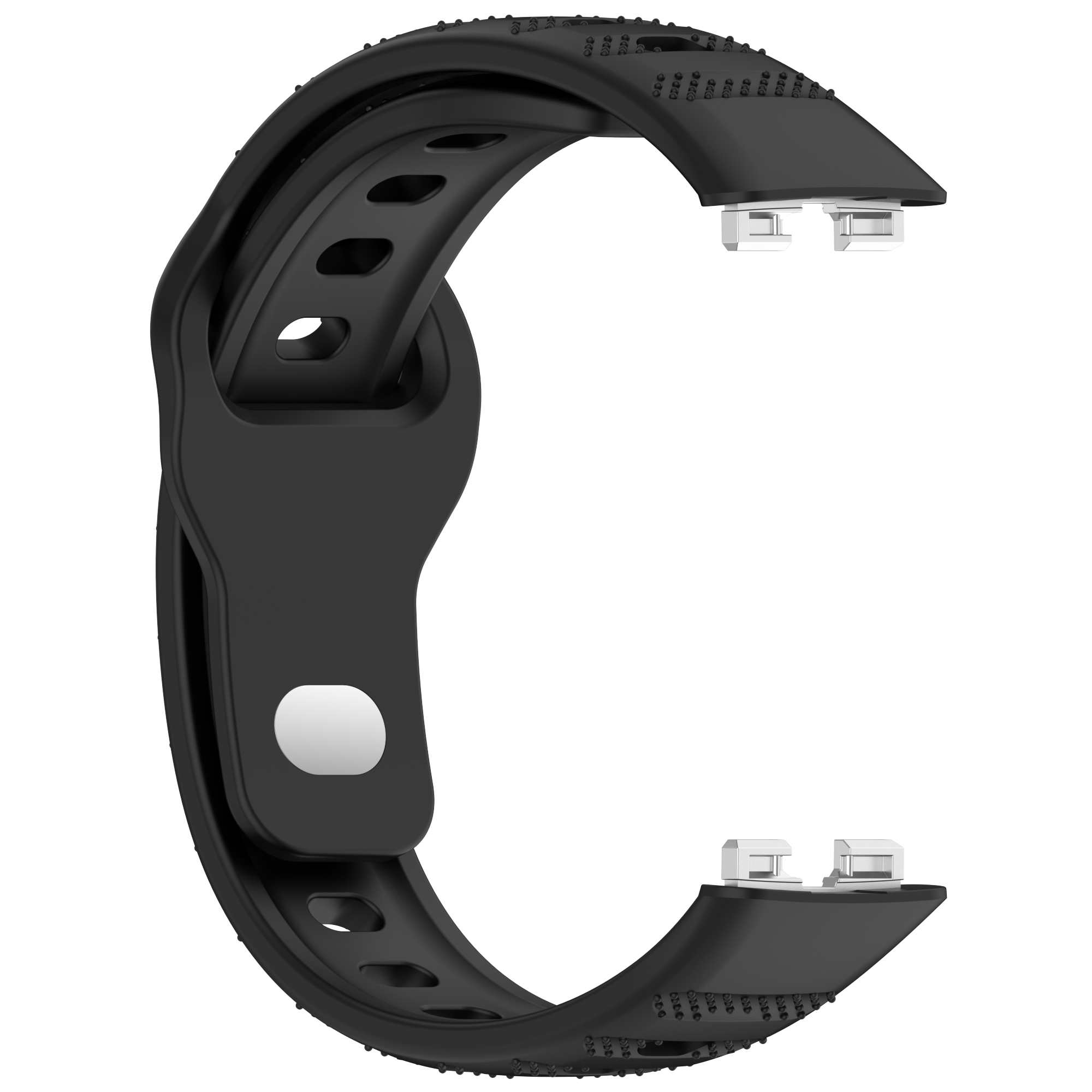 Schwarzes, flexibles Uhrenarmband mit zwei silbernen Anschlüssen.