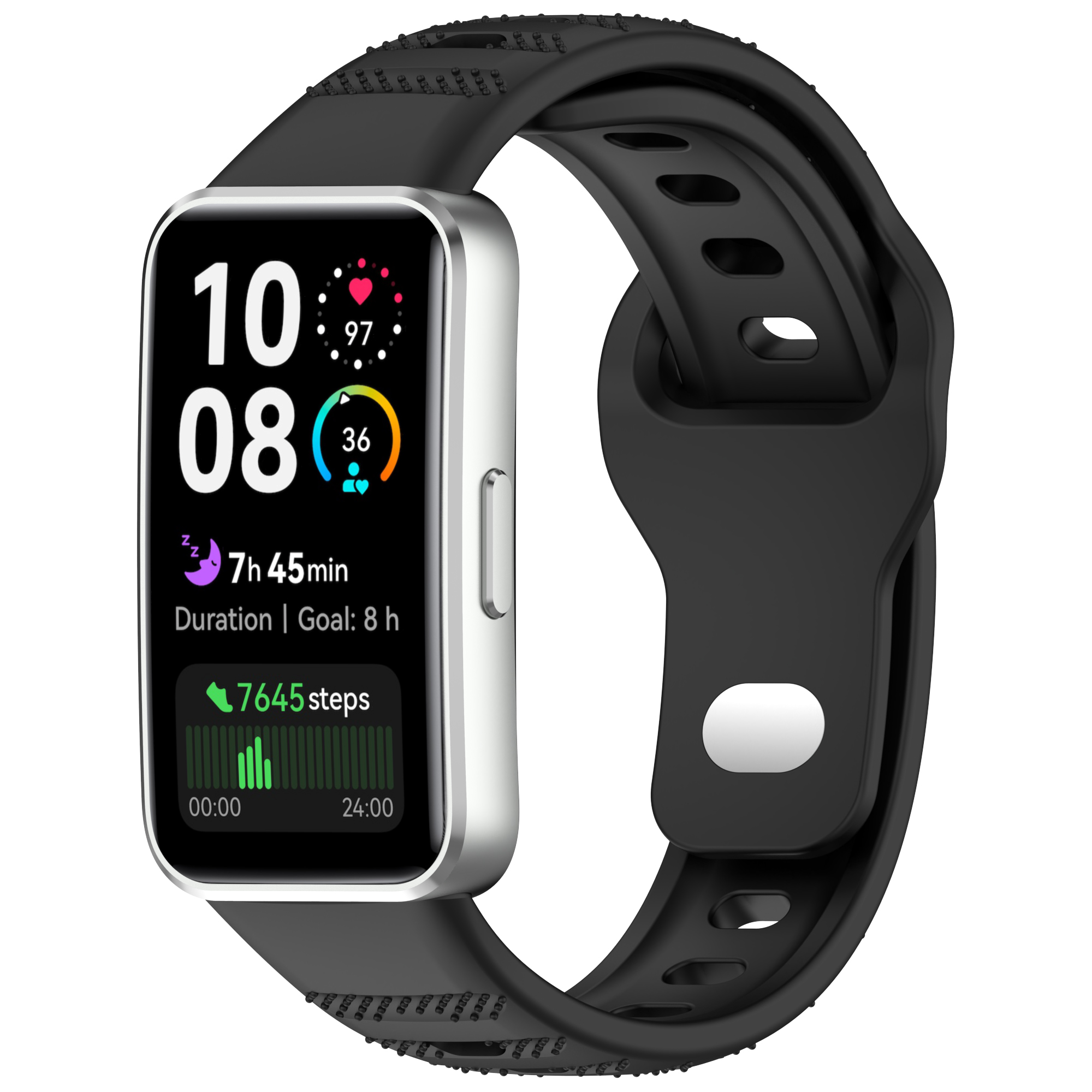 Schwarze Smartwatch mit silbernem Rahmen, zeigt Zeit und Aktivitätsdaten.