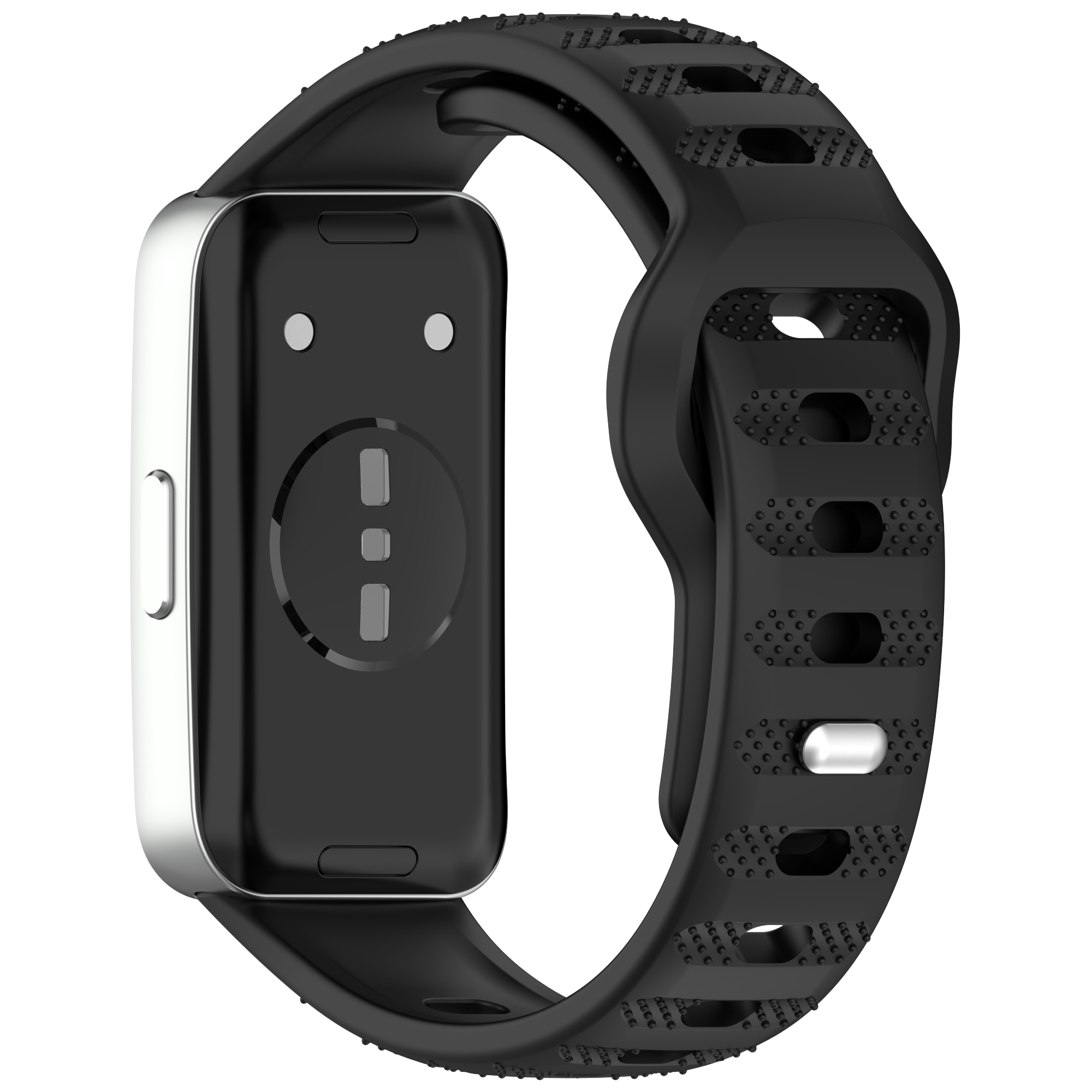 Eine schwarze Smartwatch mit passendem Armband, die ihr Display zeigt.
