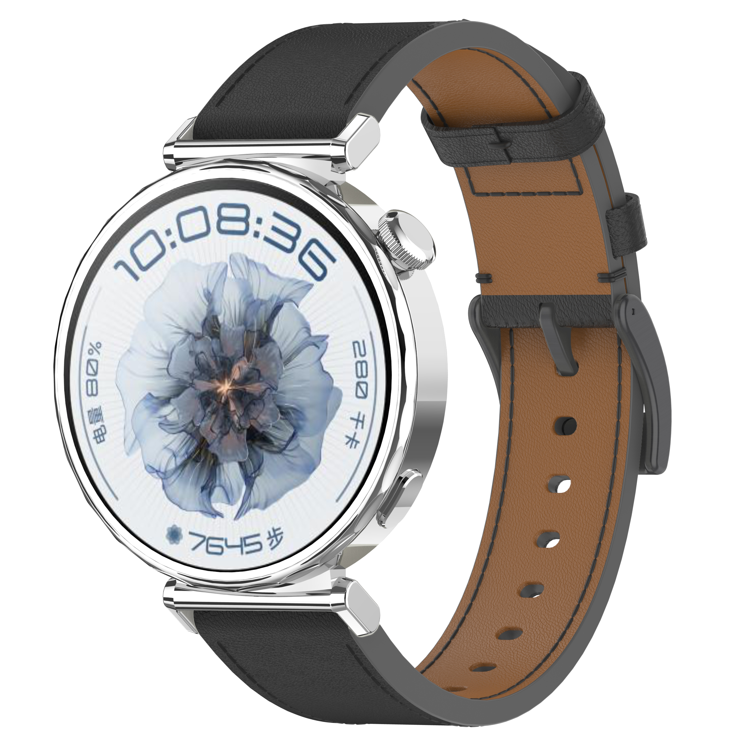 Smartwatch argentato con cinturino nero. Lo schermo mostra ora e design floreale.