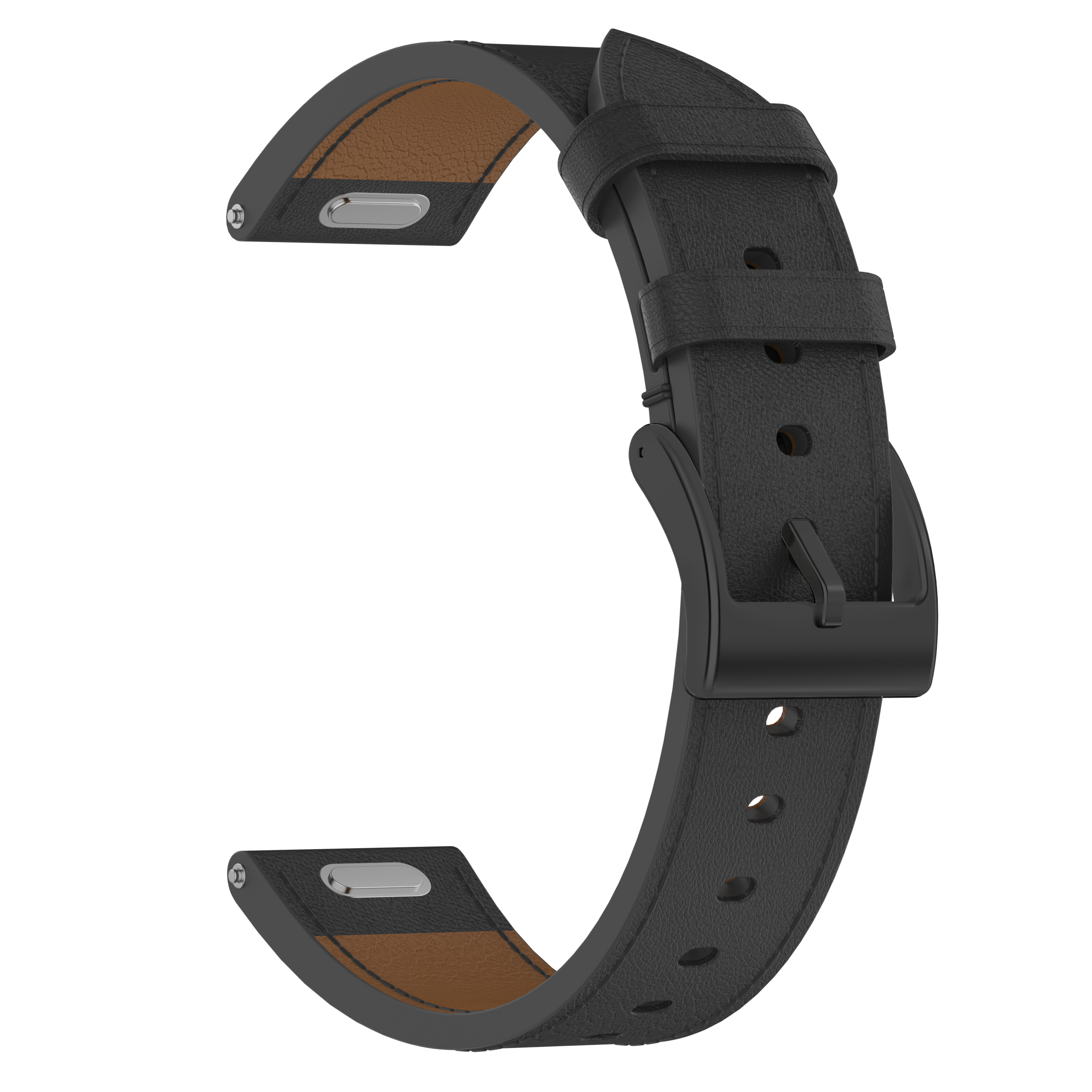 Cinturino in pelle nera con fibbia e interno in pelle marrone.