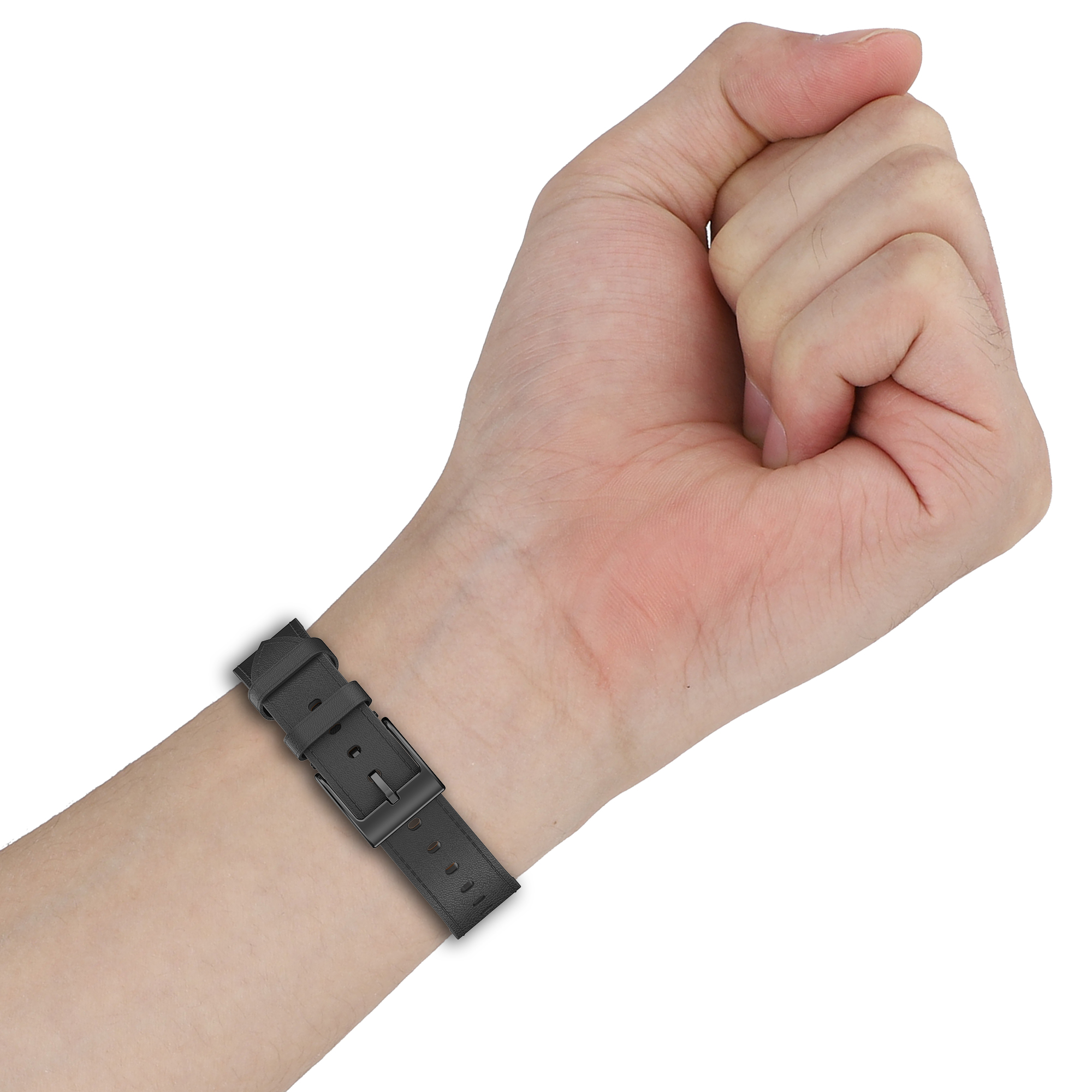 Una mano che indossa un cinturino nero. Il cinturino è realizzato in un materiale scuro e strutturato.