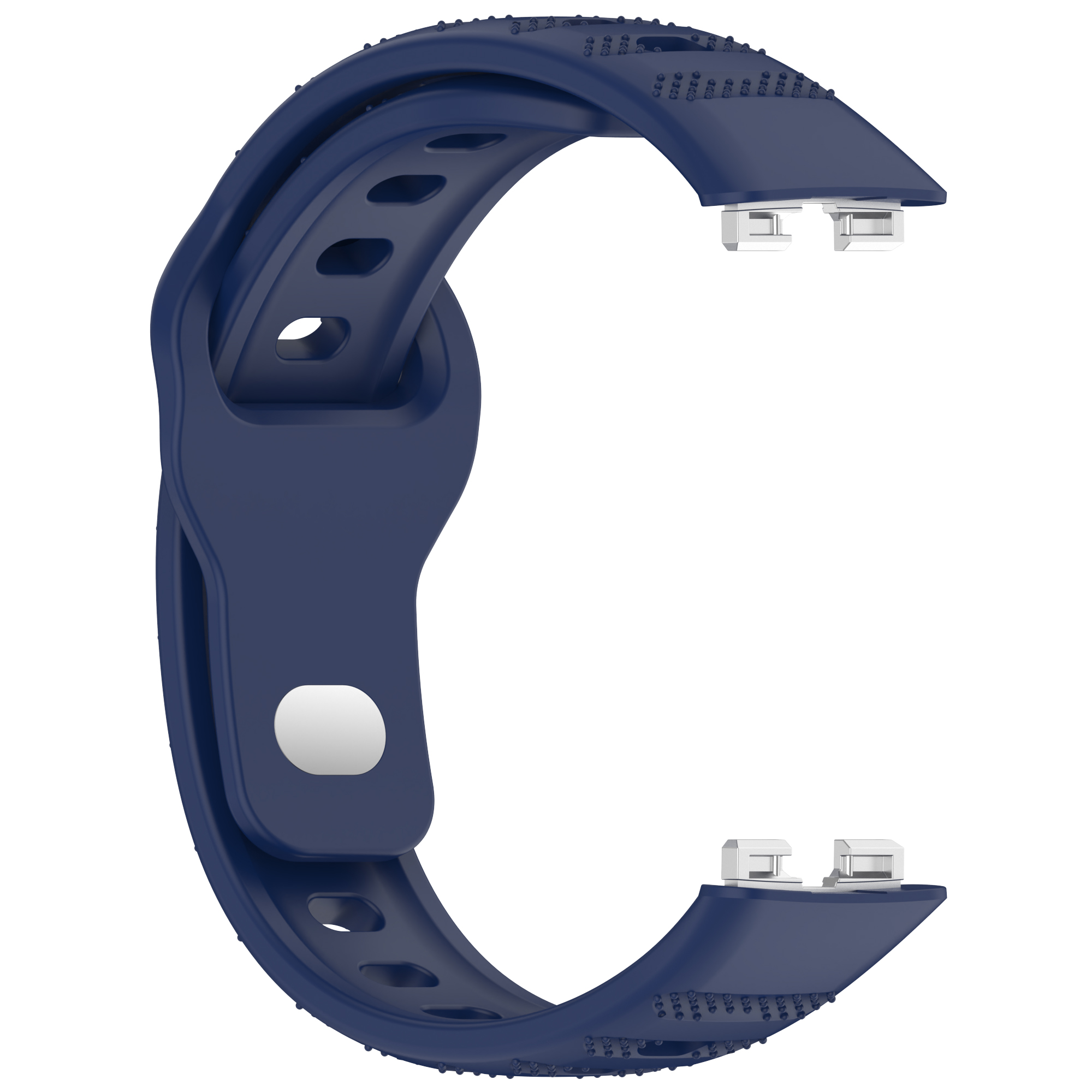 Ein dunkelblaues Smartwatch-Armband. Das Armband hat ein strukturiertes Muster und Metallverschlüsse zur Befestigung.