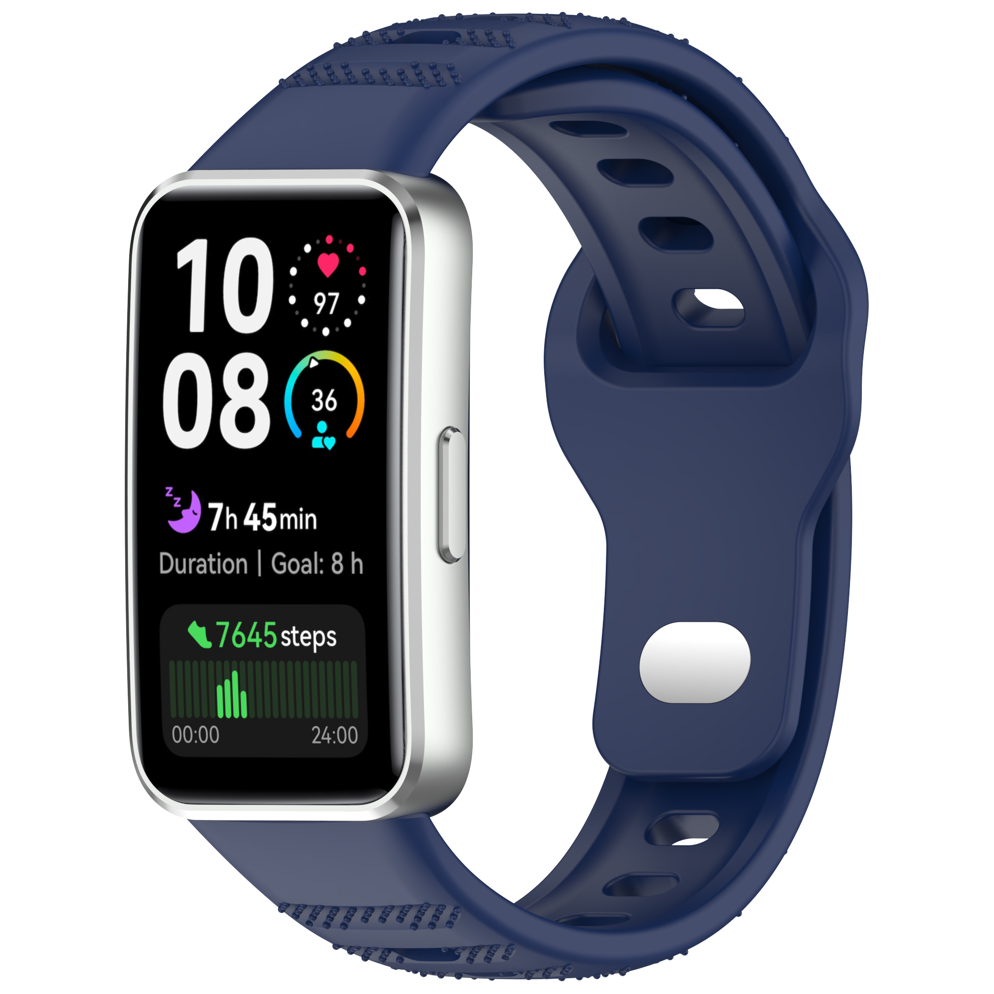 Smartwatch mit blauem Armband. Bildschirm zeigt Zeit, Schritte, Aktivität.