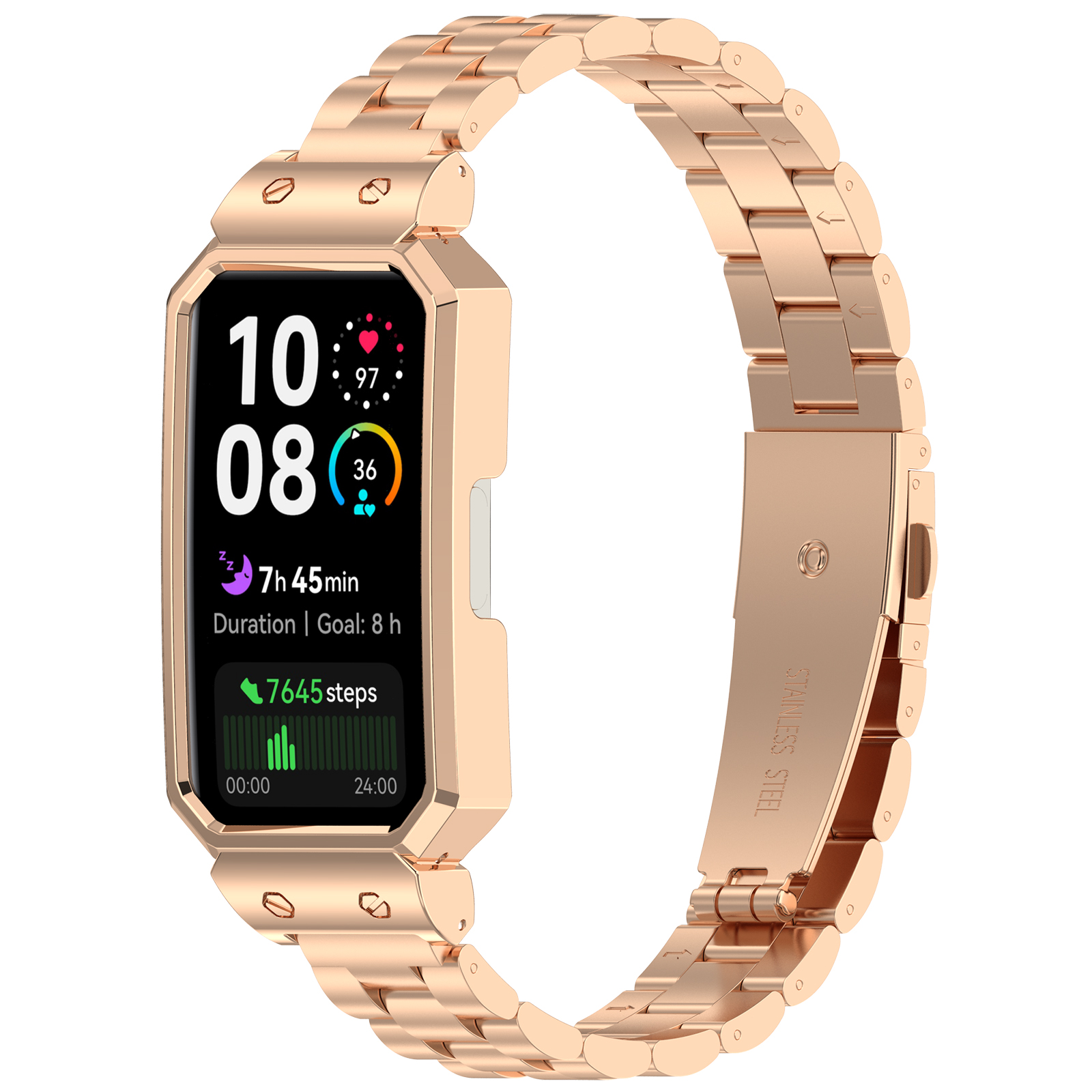 Cinturino per smartwatch oro rosa, con display digitale che mostra ora, passi e durata attività.