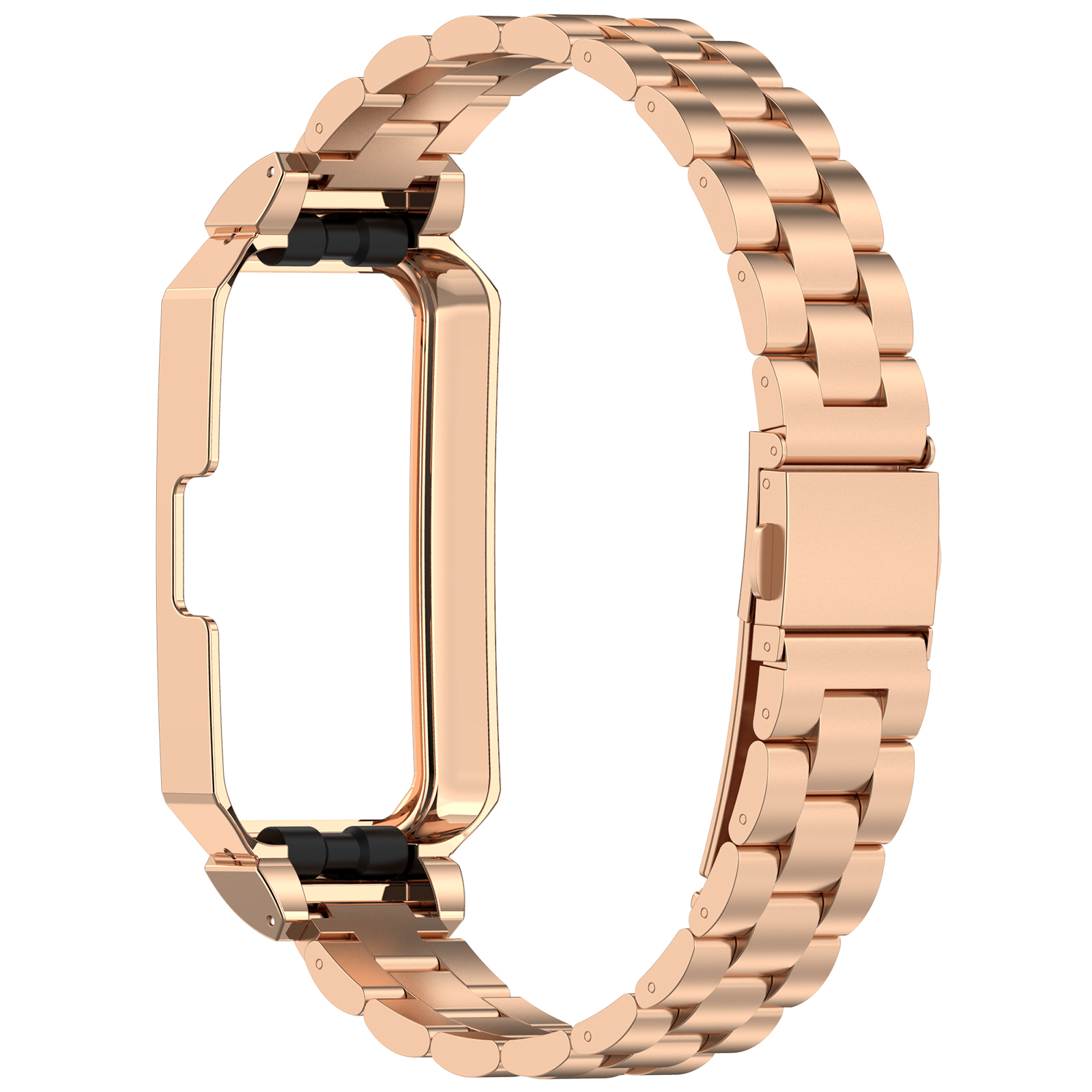 Cinturino per orologio oro rosa con fascia metallica e cornice rettangolare sulla parte superiore.