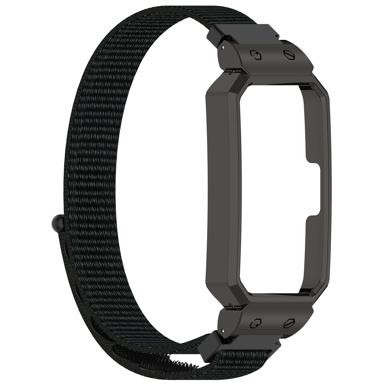 Cinturino nero con una struttura in metallo. La struttura è nera, il cinturino ha una trama in nylon.