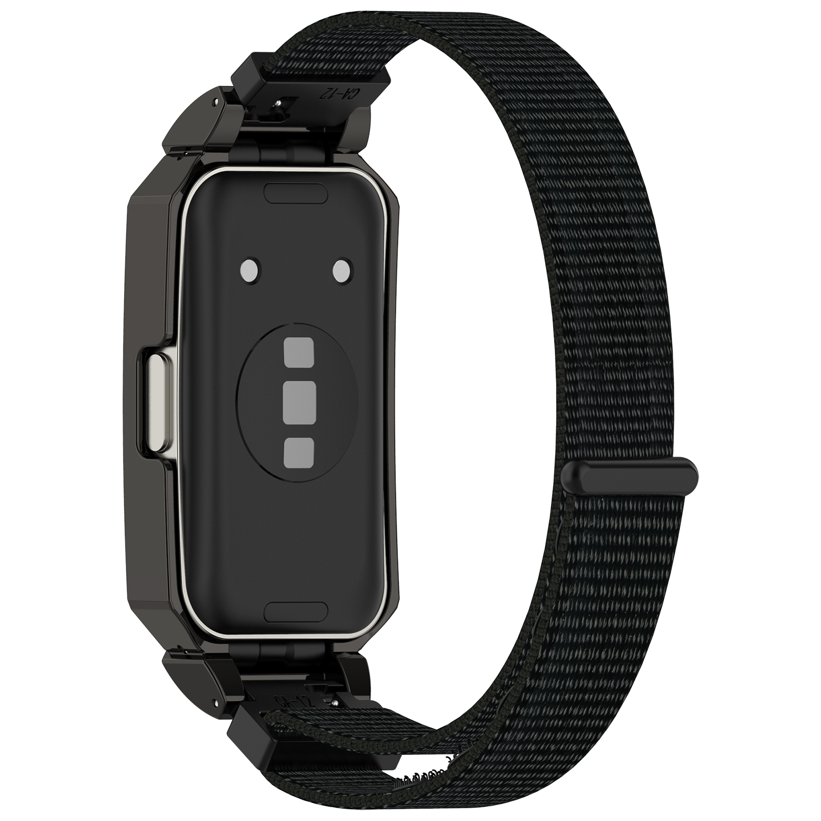 Un fitness tracker nero con cinturino in tessuto nero, vista posteriore.