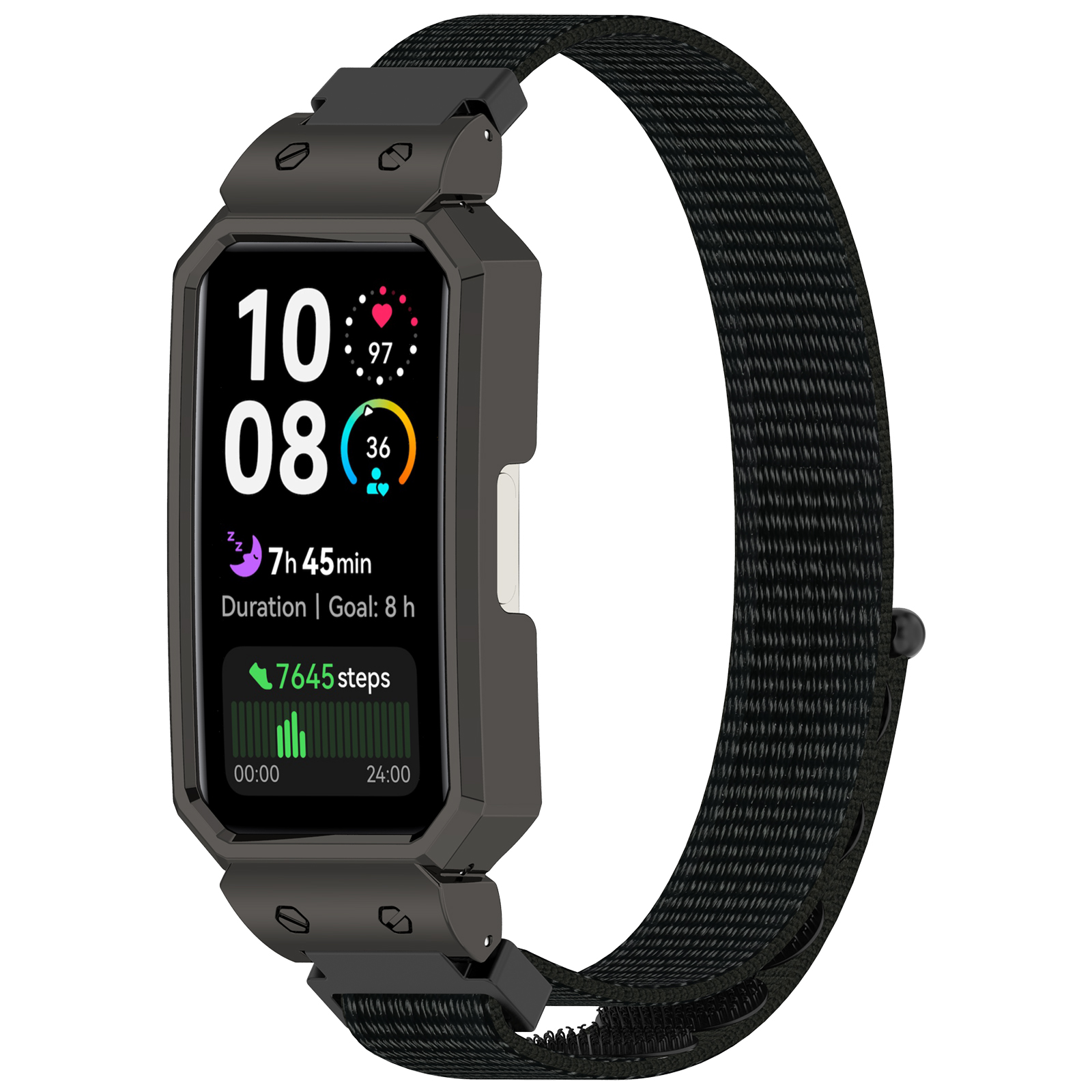 Tracker di fitness nero che mostra tempo, frequenza cardiaca, passi e durata. Cinturino nero.