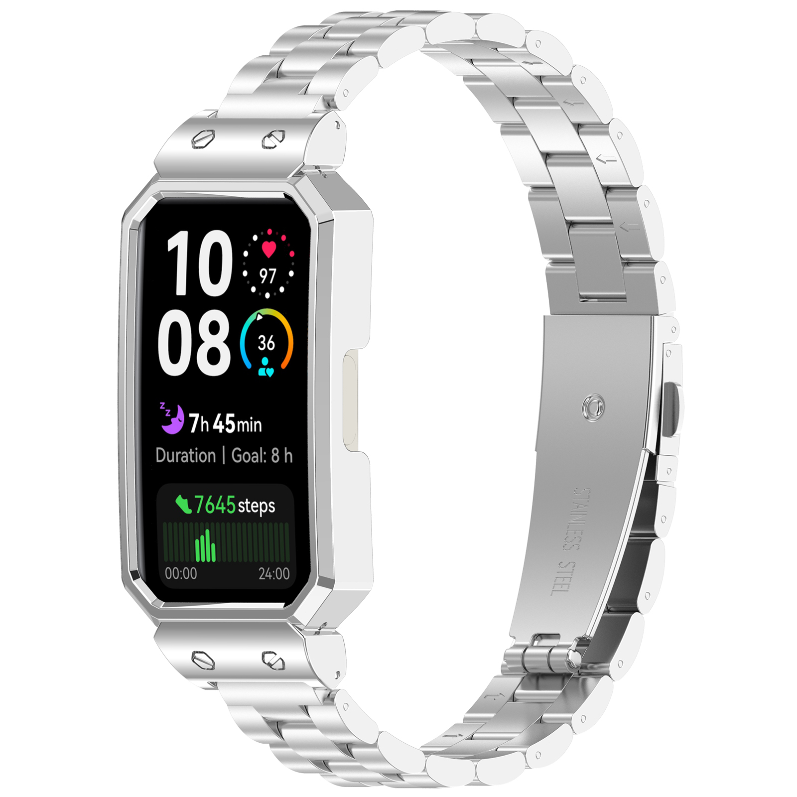 Silberne Smartwatch mit schwarzem Bildschirm, der Schritte und Zeit anzeigt. Edelstahlarmband, weißer Hintergrund.